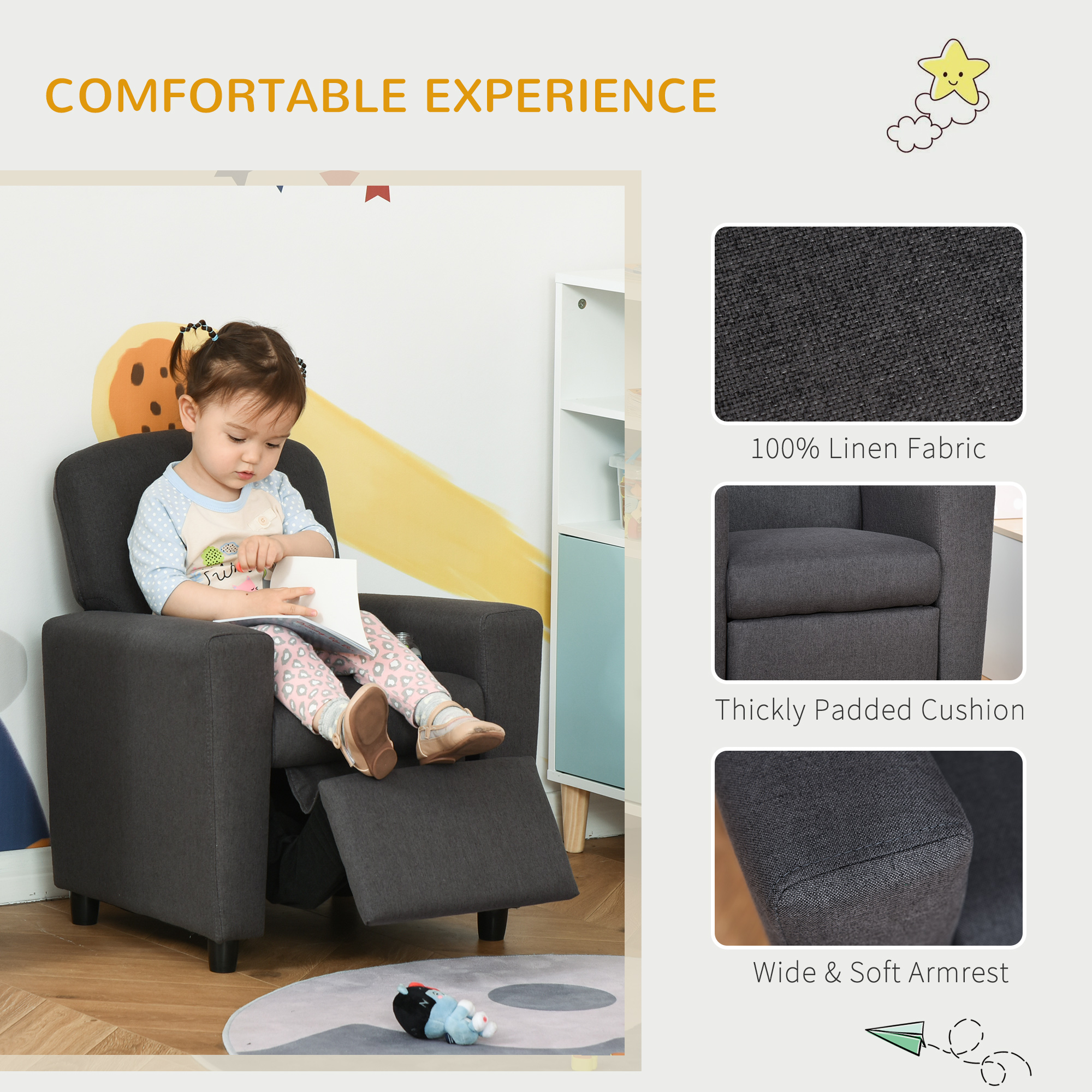 HOMCOM 2 in 1 design Kids Sofa Armchair with Footrest for Children Playroom Bedroom Living Room, 55 x 50 x 67cm, Grey 5