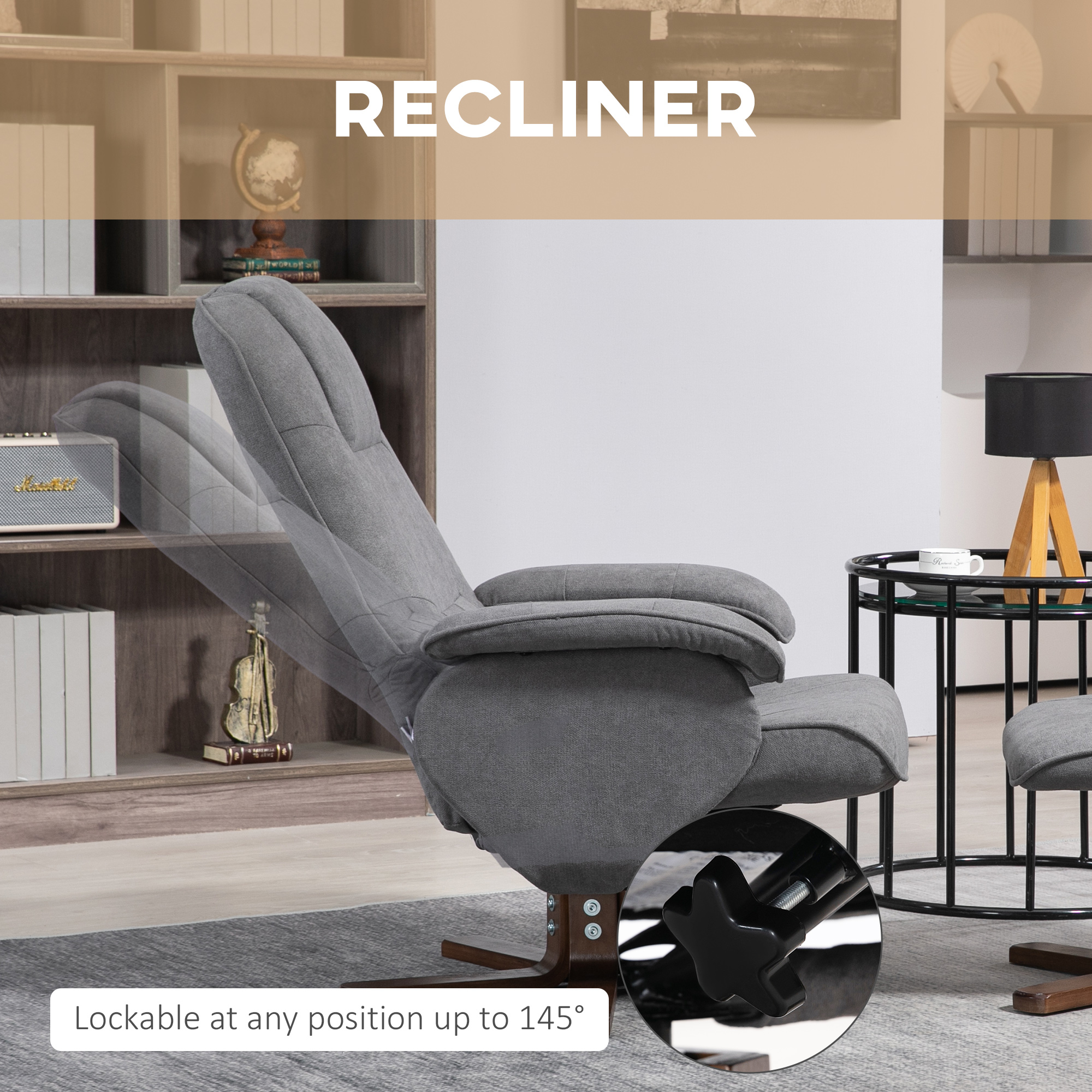 HOMCOM Linen Swivel Recliner Chair with Footstool, Upholstered Reclining Armchair with Wooden Base for Living Room, Grey 4