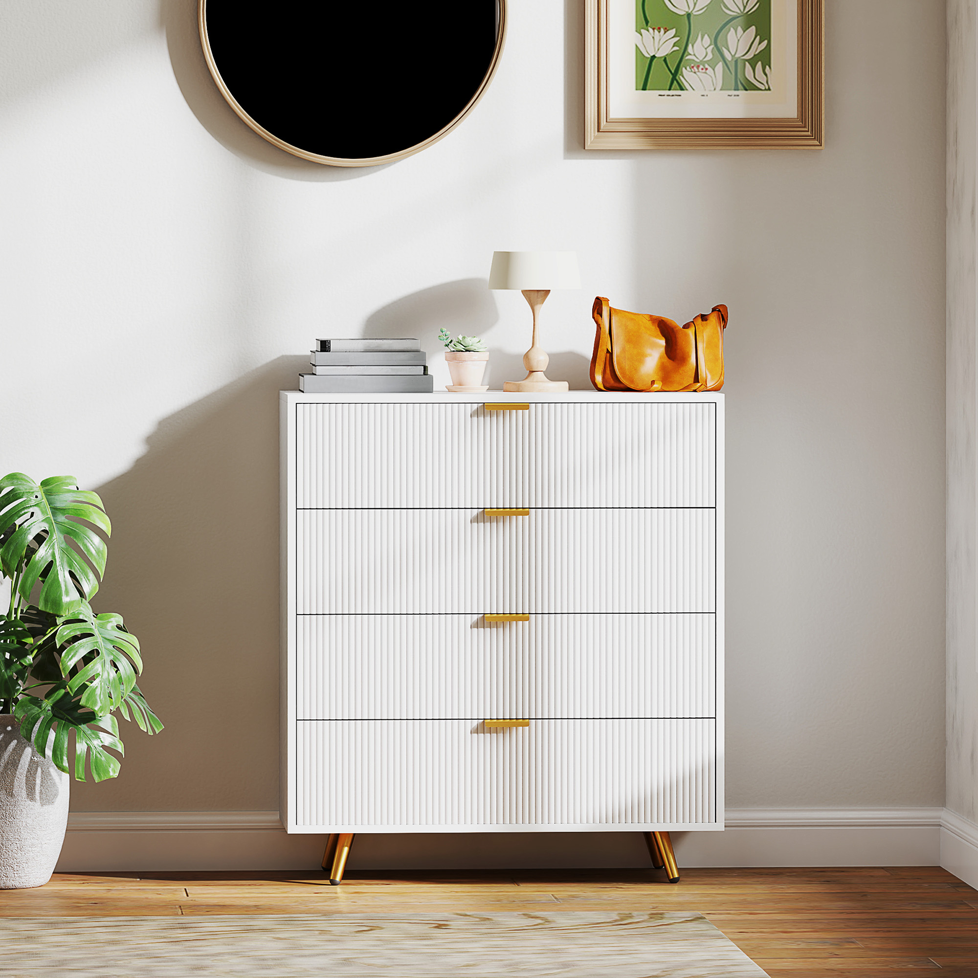 HOMCOM Elegant Four-Drawer Bedside Table White 7