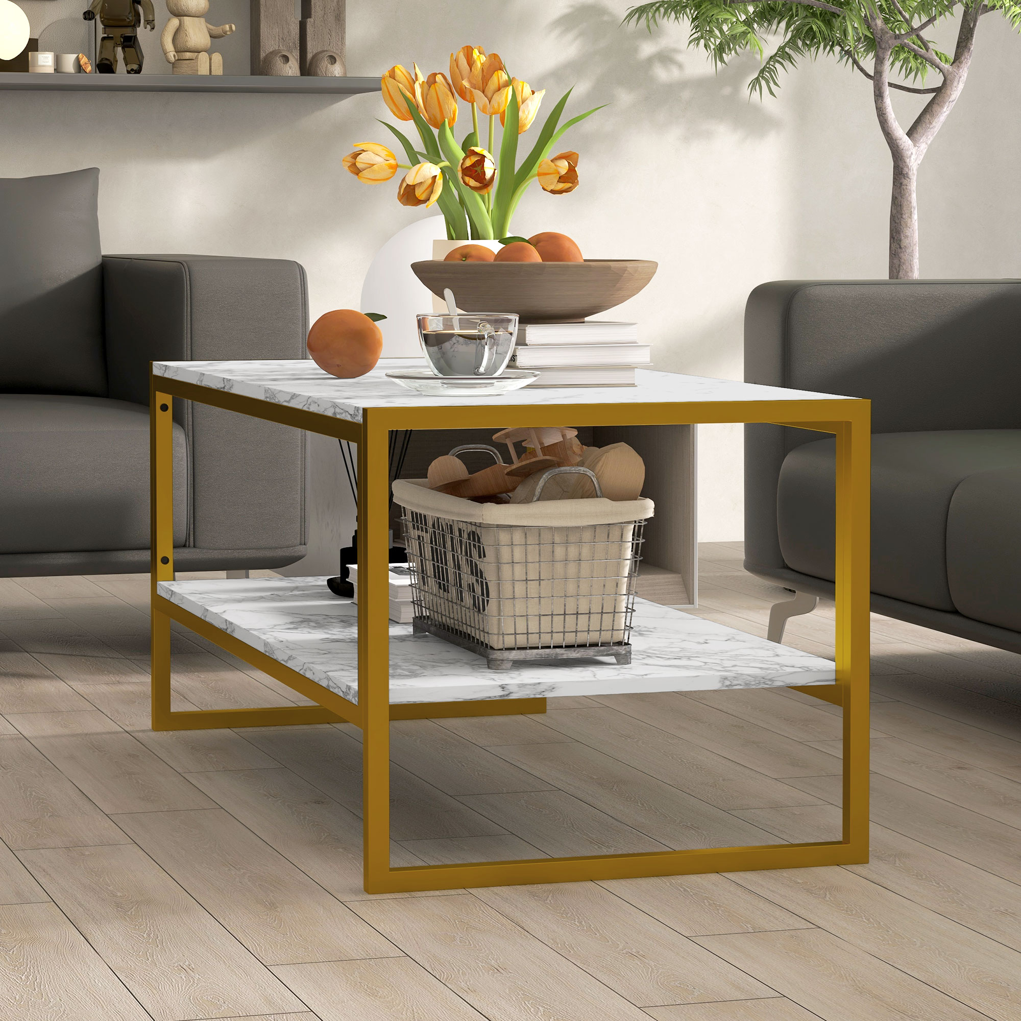 HOMCOM Coffee Table, Two-Tier Faux Marble Effect Centre Table with Metal Frame and Storage Shelf for Living Room, 106 x 50 x 45cm, White 9