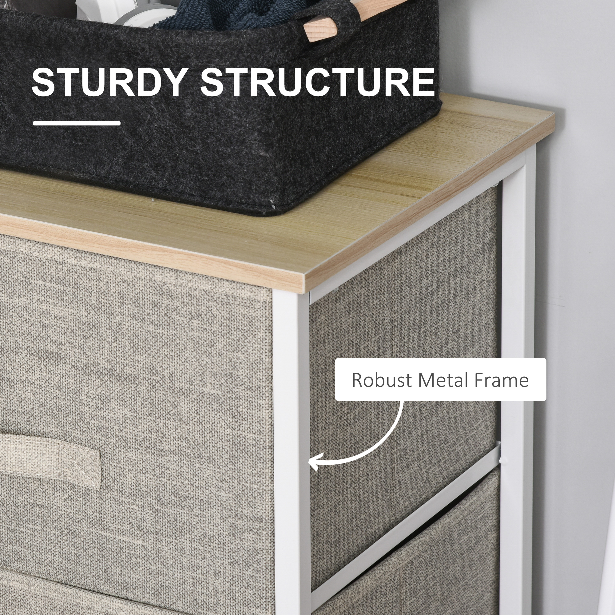 HOMCOM Vertical 3-Tier Linen Drawer Cabinet Organizer Storage Dresser Tower with Metal Frame Adjustable Feet for Living Room, Bathroom, Kitchen, White, Oak and Light Grey 5