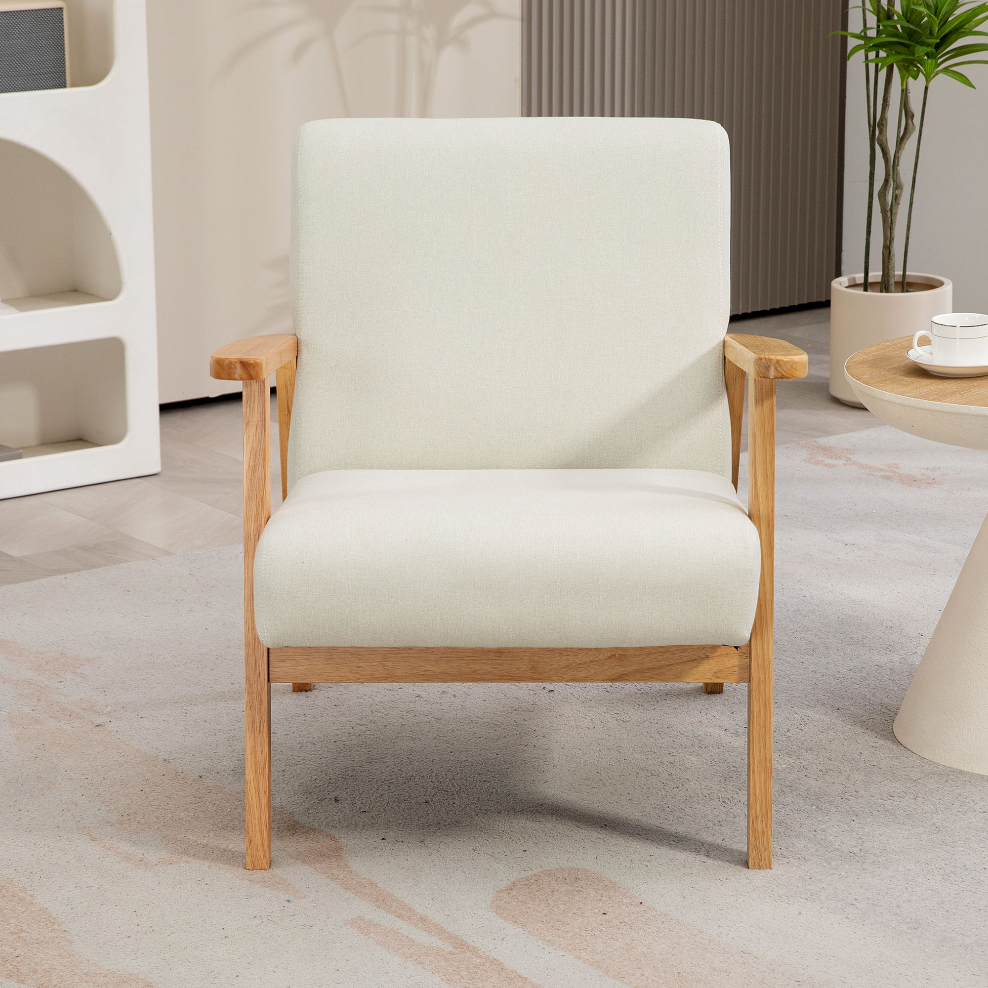 HOMCOM Fabric Accent Chair for Living Room, Arm Chair with Rubber Wood Frame and Padded Cushion, Cream White 6