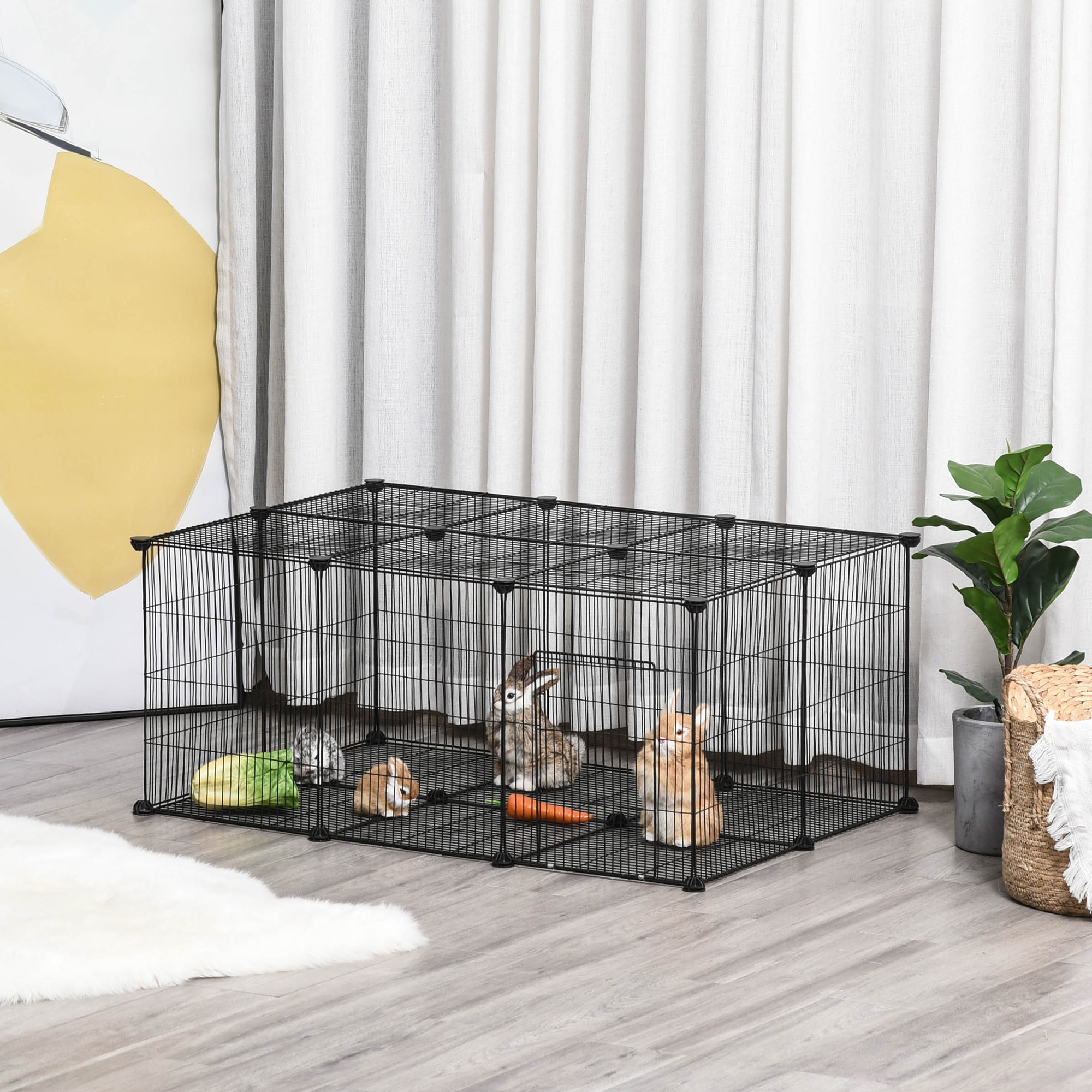 PawHut Pet Playpen DIY Small Animal Cage Enclosure Metal Wire Fence 39 Panels with 3 Doors 2 Ramps for Kitten Bunny Chinchilla Pet Mink Black