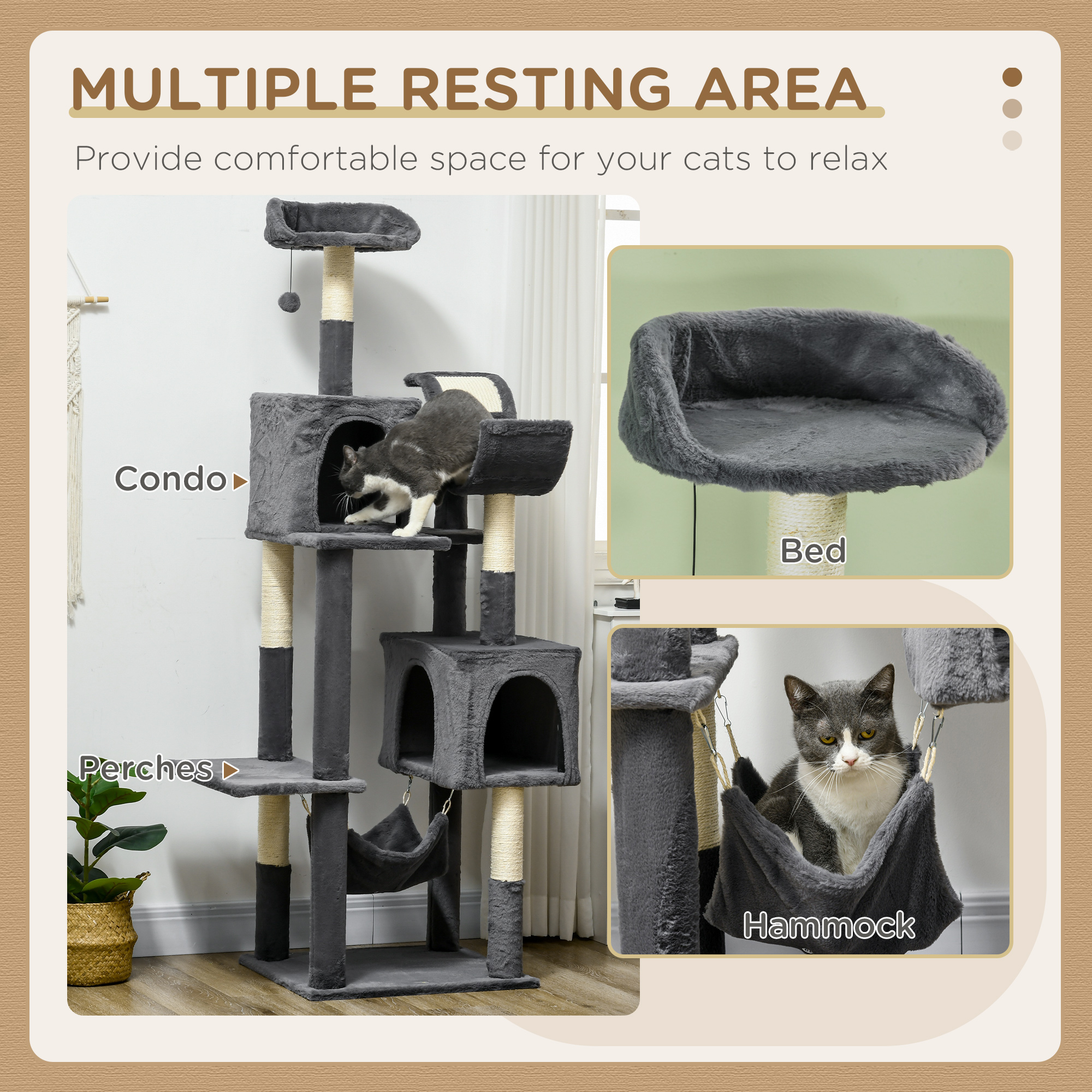 PawHut 177cm Cat Tree with Scratching Post, Hammock, Cat House Dark Grey 4