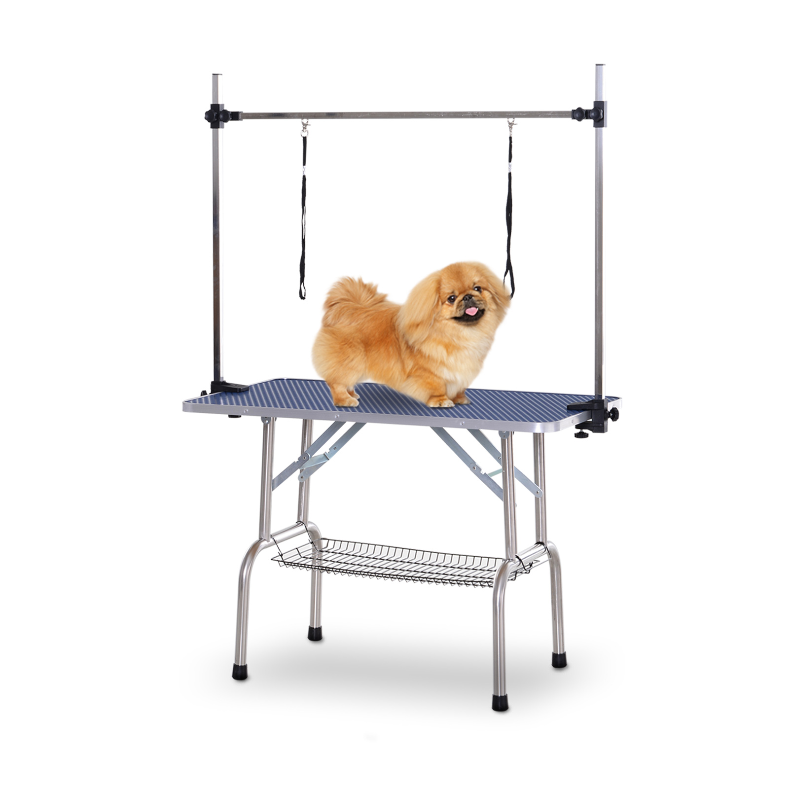 PawHut Mesa de Aseo para Mascotas Plegable con Estante Almacenamiento Estructura de Acero Altura Ajustable 107x60x170 cm | Aosom España
