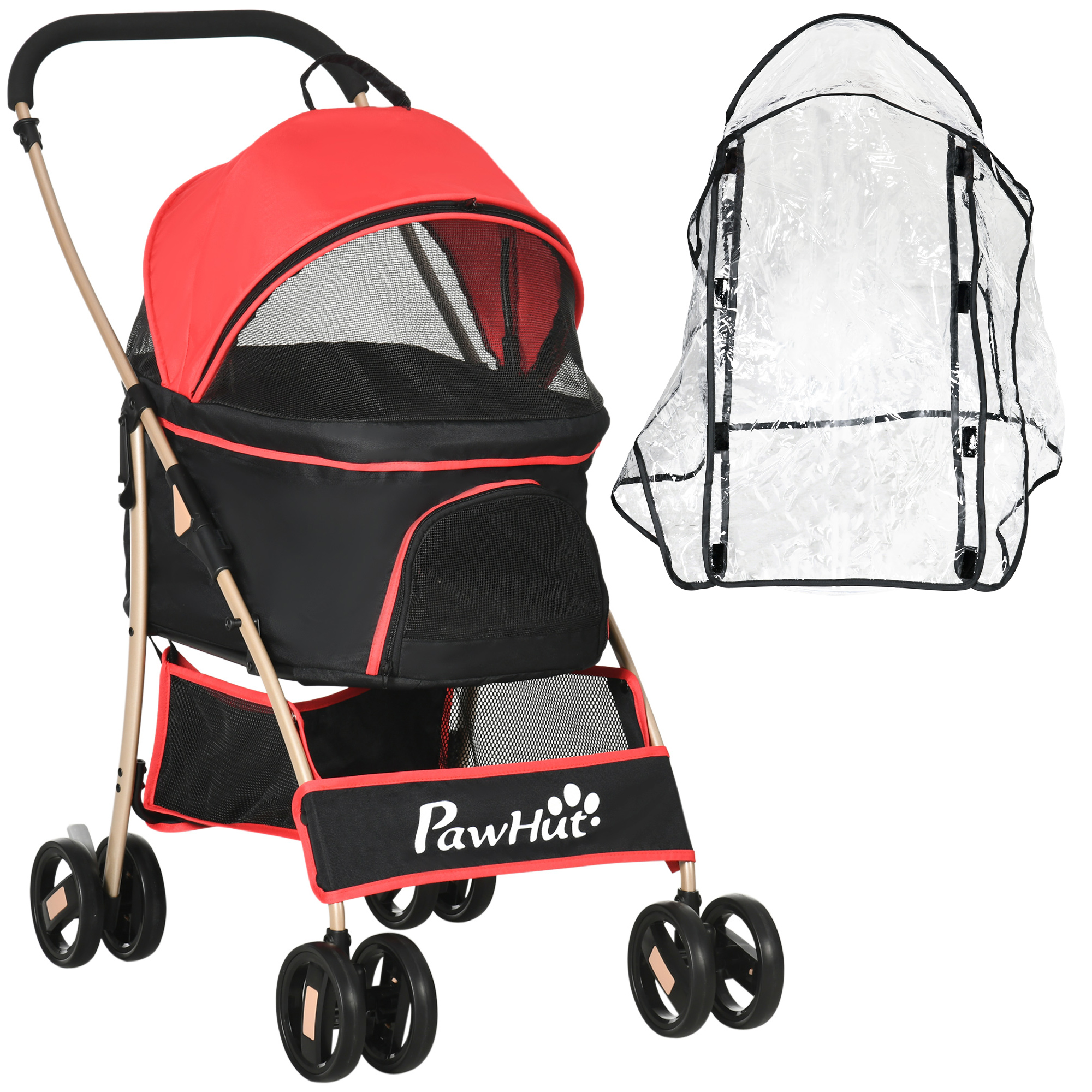 PawHut One-Click Foldable Pet Travel Stroller with Rain Cover, Cat Dog Pushchair with Universal Front Wheels, Shock Absorber, Storage Bags, Mesh Window, Safety Leash for Large and Medium Dogs (Grey)