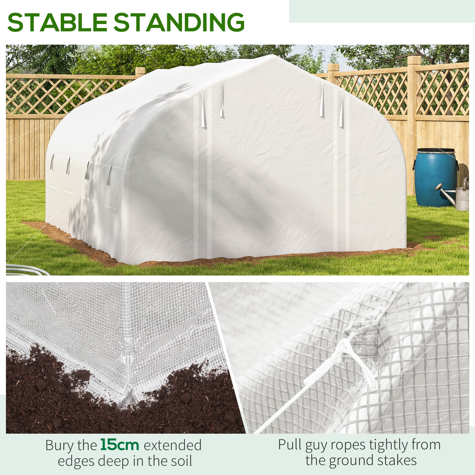 Outsunny 4 x 3(m) Walk-in Polytunnel Greenhouse, Zipped Roll Up Sidewalls, Mesh Door, 8 Mesh Windows, Tunnel Warm House Tent with PE Cover, Complimentary Plant Labels and Gloves, White 8