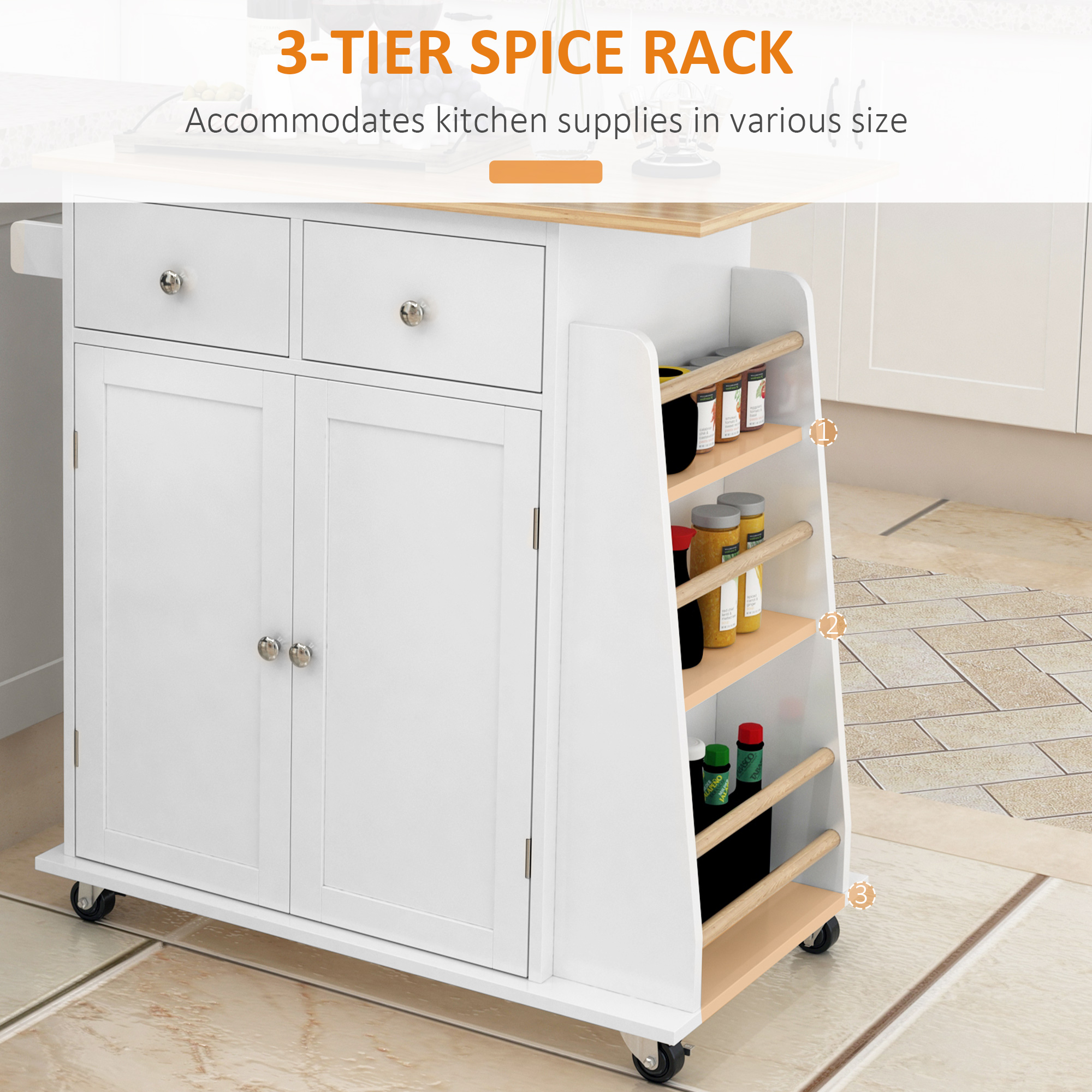 HOMCOM Kitchen Island on Wheels, Mobile Storage Trolley, Rolling Kitchen Cart with Rubber Wood Top, 2-Door Cabinets, 2 Drawers, Adjustable Shelf, 3-Tier Spice Rack, Drawers 4