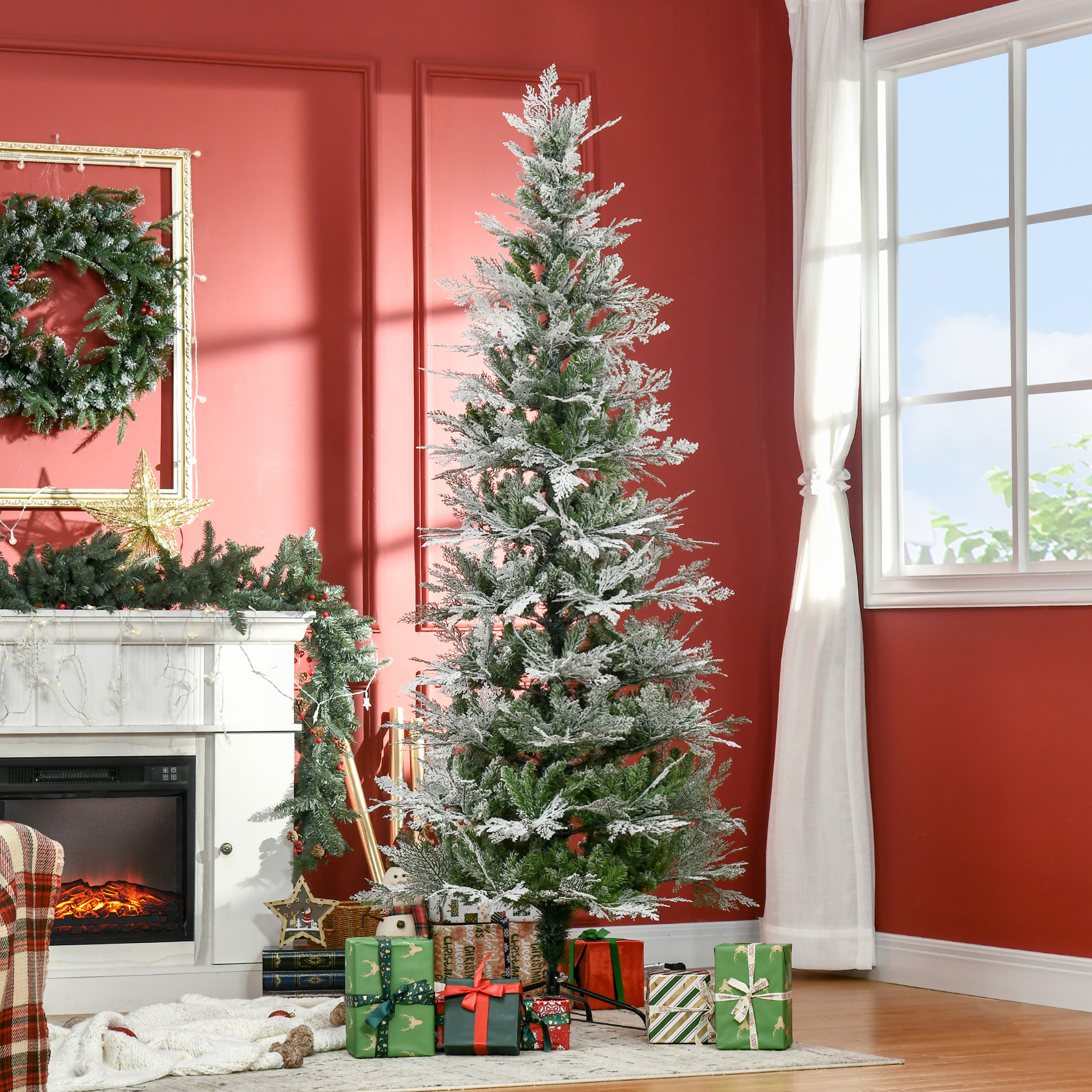 HOMCOM 7 Ft Pencil Snow Flocked Artificial Christmas Tree with Realistic Cypress Branches, Auto Open, Green 2
