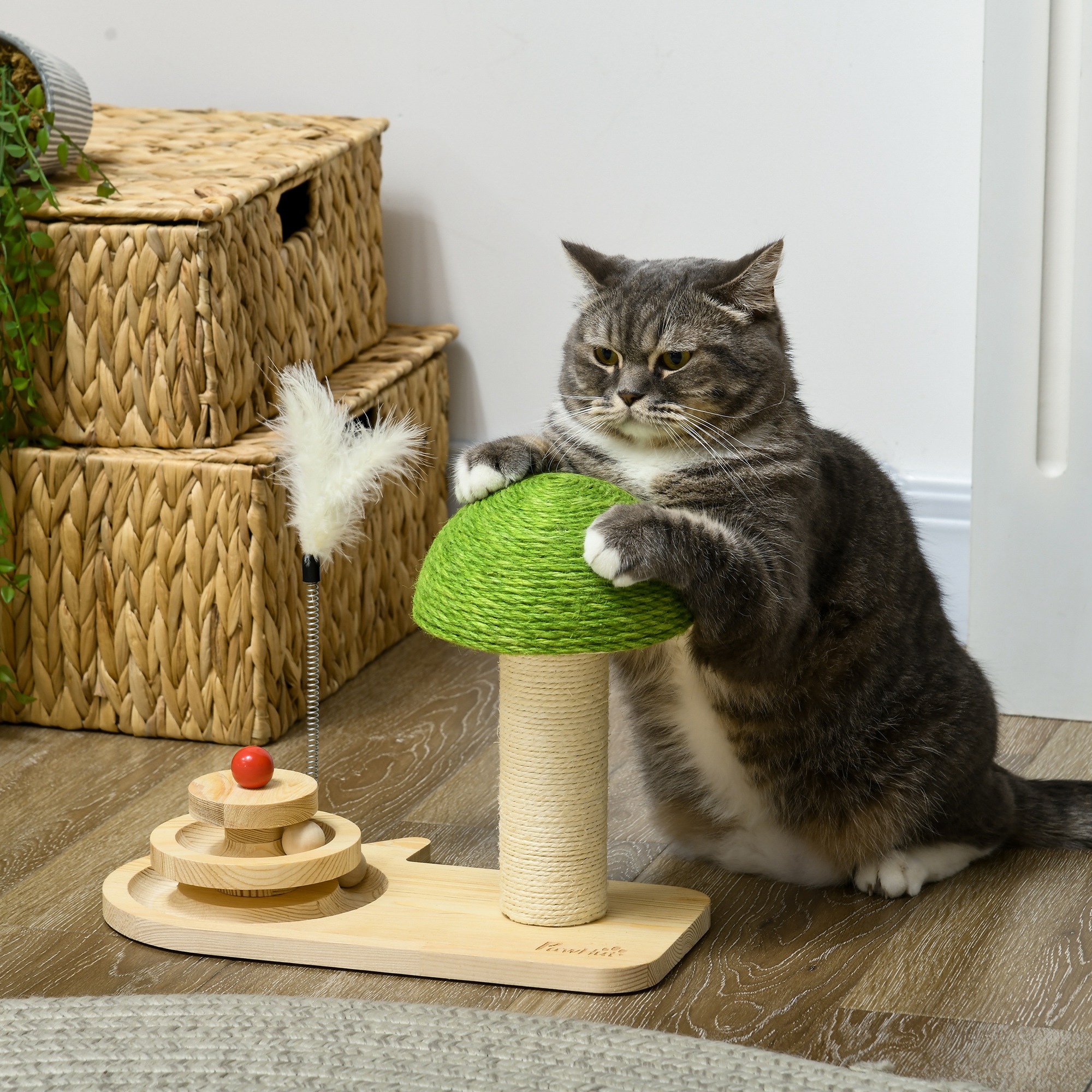 PawHut Mushroom-Shaped Cat Scratching Post, with Toy Balls, Feather for Indoor Cats, 35 x 21 x 26cm Natural Tone 2