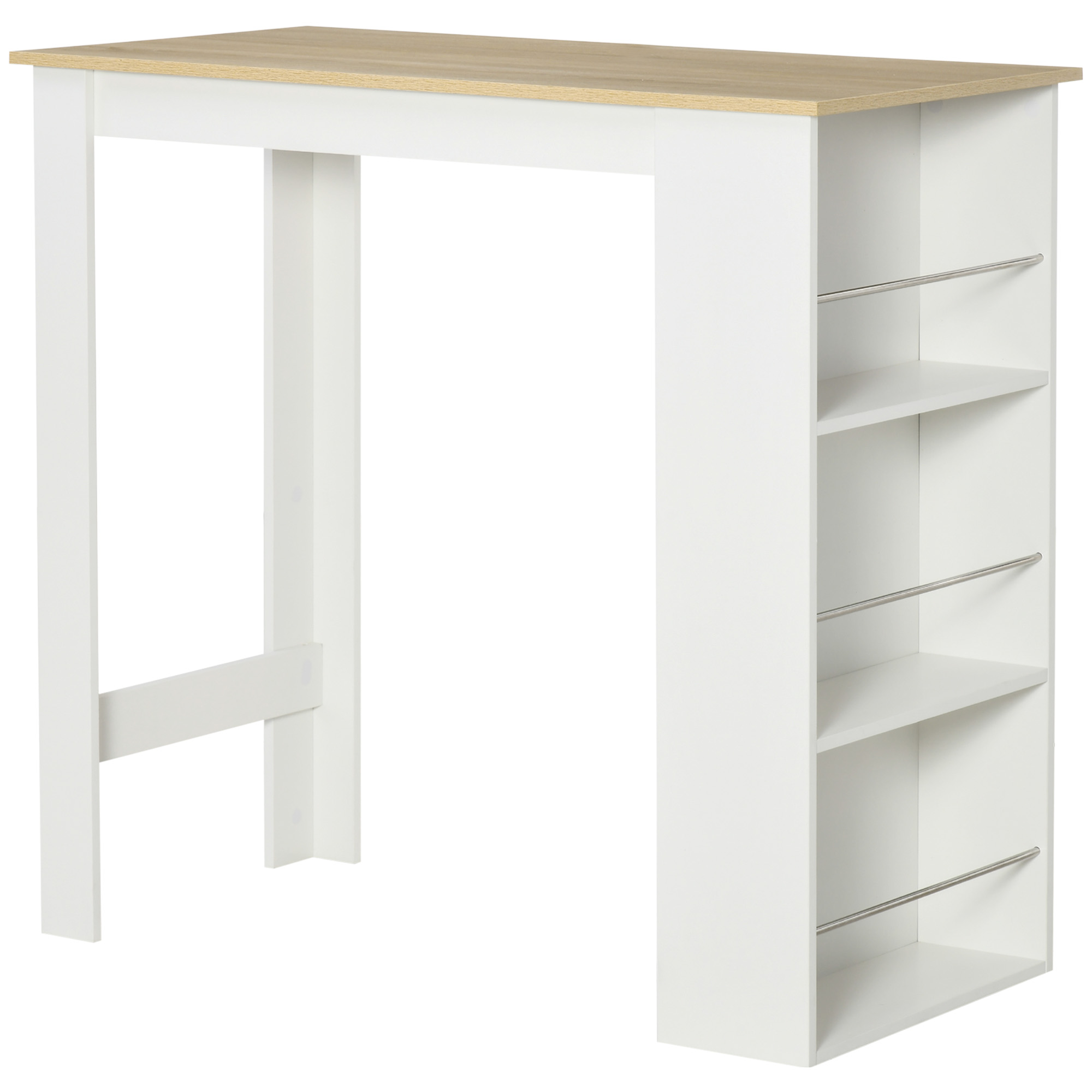 HOMCOM Mesa de Bar Bistró Alta con 3 Estantes Laterales Estructura de Madera para Comedor 112x57x106cm Blanco   Aosom España