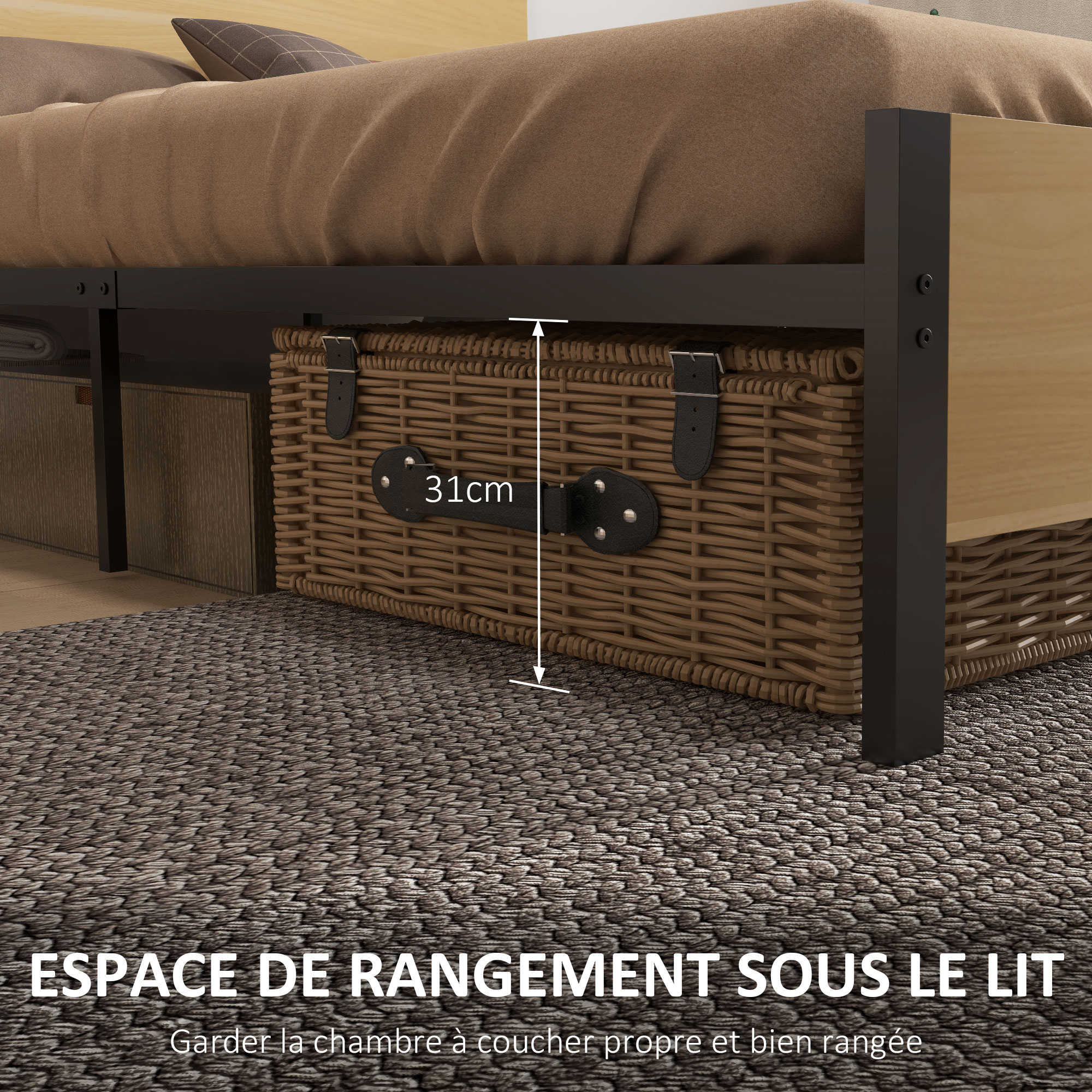 Cadre De Lit 140x190 Cm HOMCOM En Bois Et Acier - Avec Sommier Lattes Intégré, Rangement Dessous 26 Cm - Support 350 Kg, Assemblage Facile