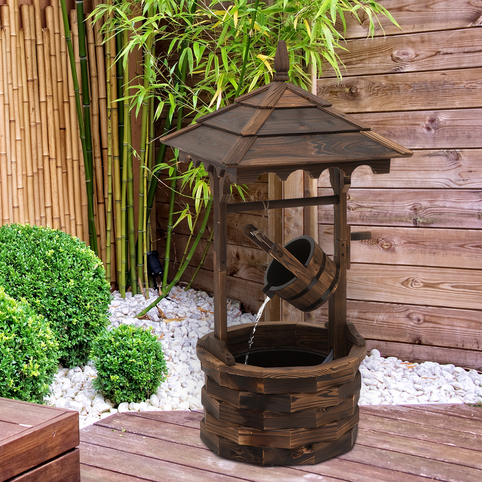 Outsunny Wooden Garden Wishing Well Fountain Barrel Waterfall Rustic Wood with Pump Garden Décor Ornament 2