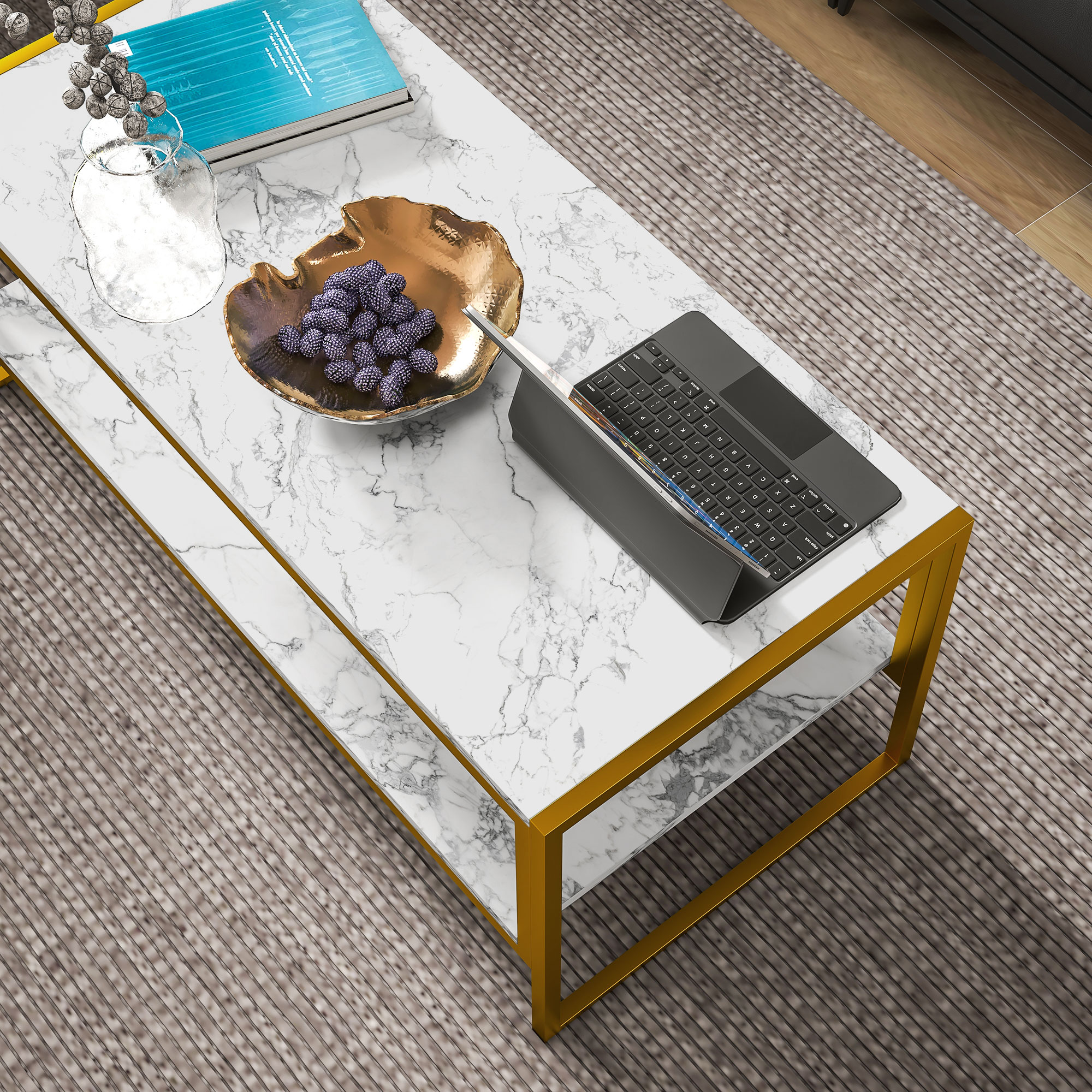 HOMCOM Coffee Table, Two-Tier Faux Marble Effect Centre Table with Metal Frame and Storage Shelf for Living Room, 106 x 50 x 45cm, White 8