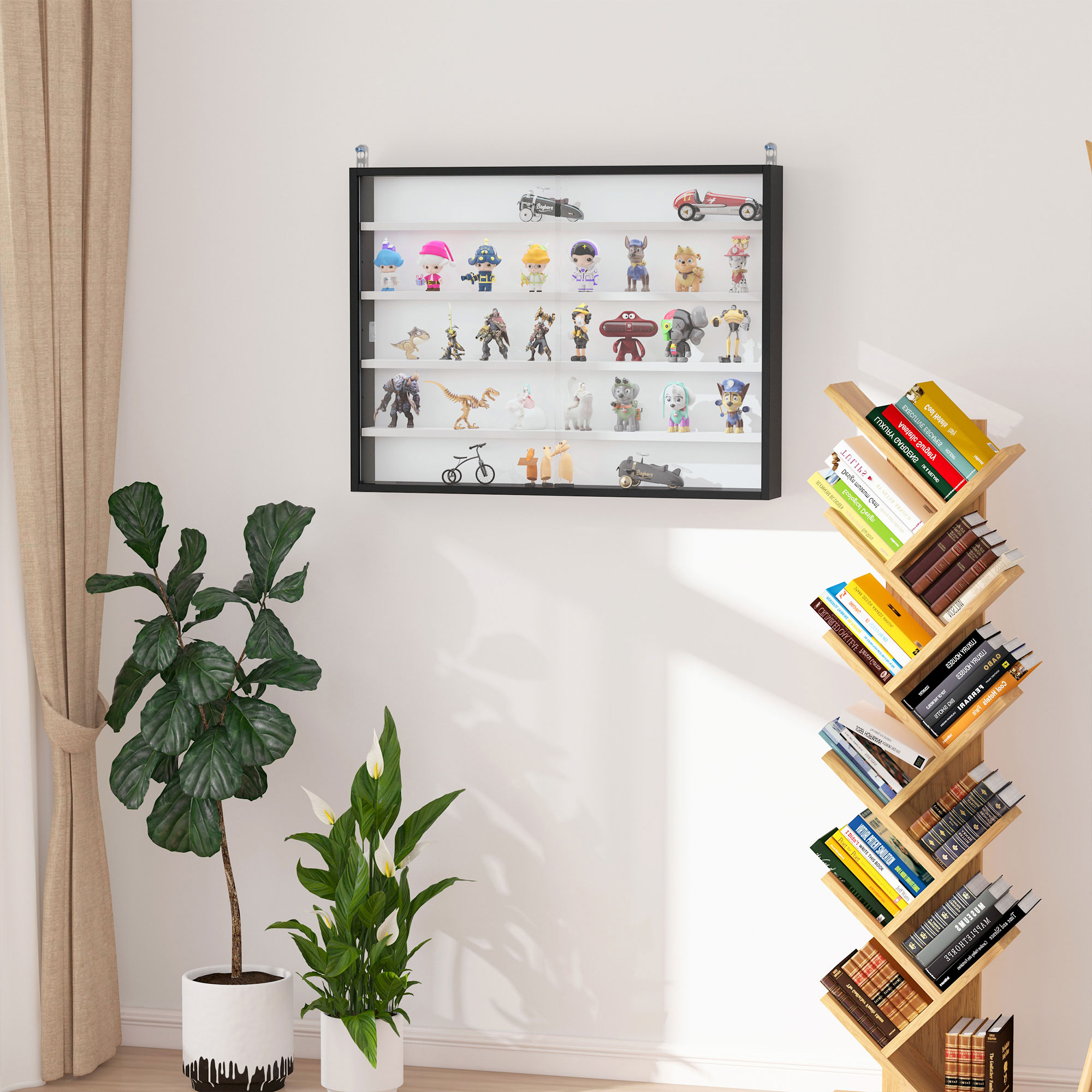HOMCOM 5-Tier Wall Display Shelf Unit Cabinet w/ 4 Adjustable Shelves Glass Doors Home Office Ornaments 60x80cm Black/White 2