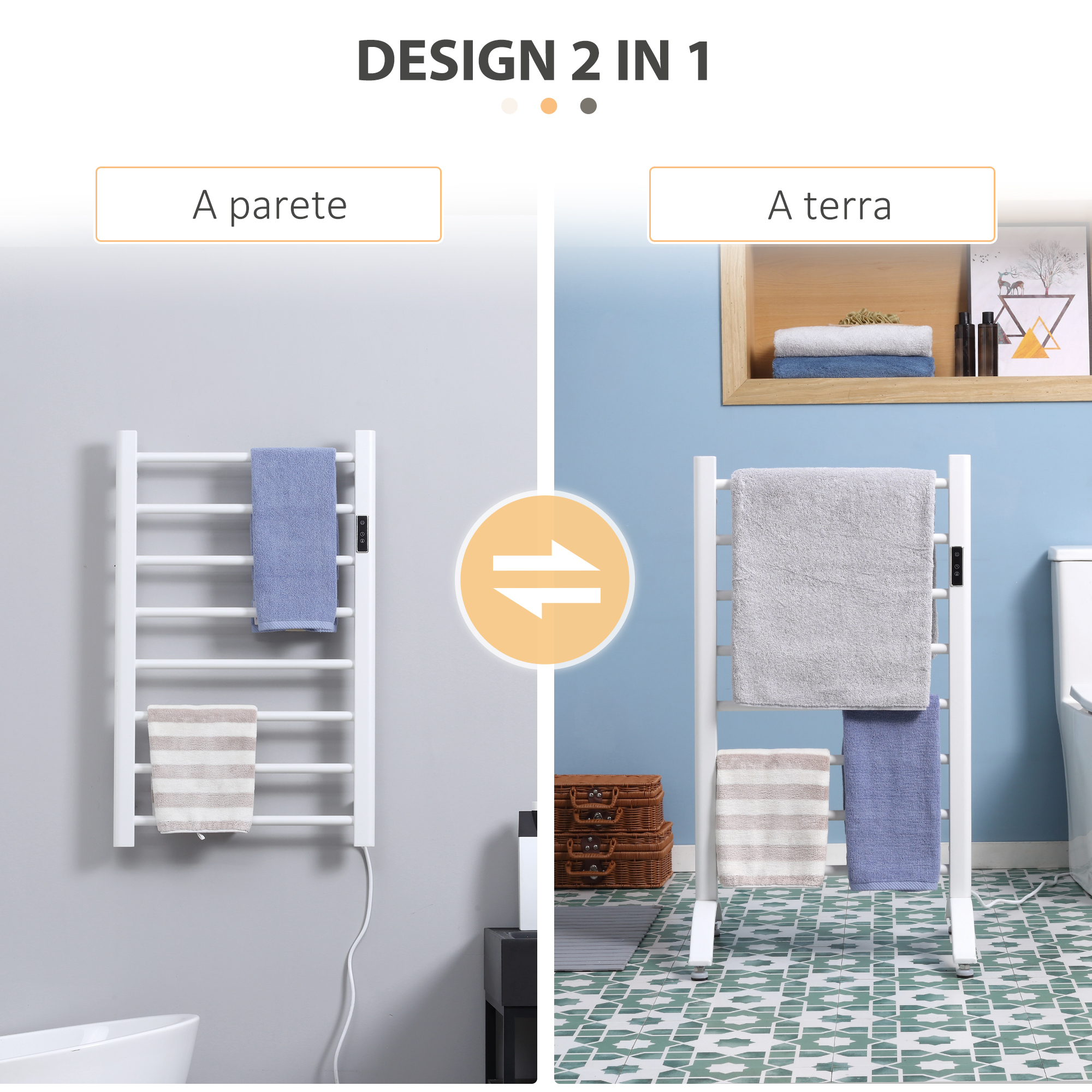 Scaldasalviette Elettrico Pieghevole A 90° – Bianco, IP55, 36W, Con 8 Adesivi Per Montaggio Senza Fori