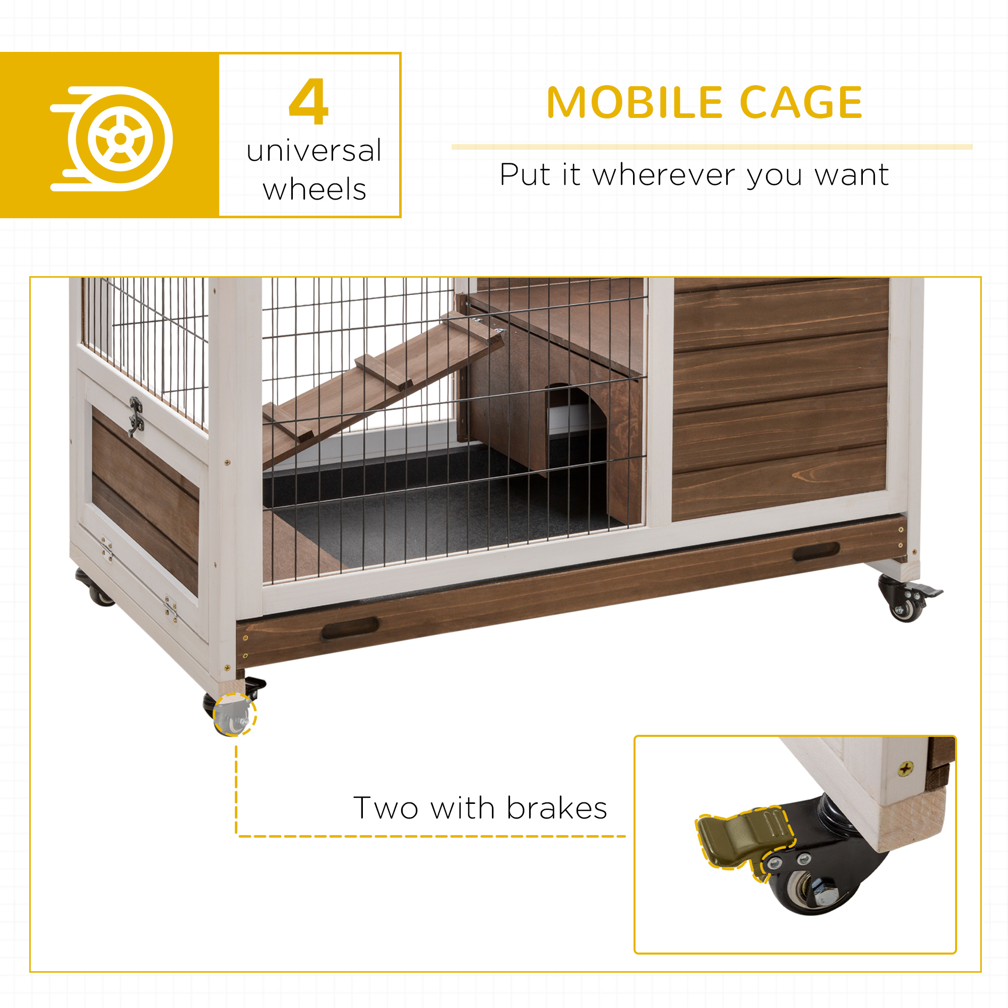 PawHut Wooden Guinea Pig Hutch, 2-Floor Bunny Cage w/ Enclosed Run Area, Brown 7