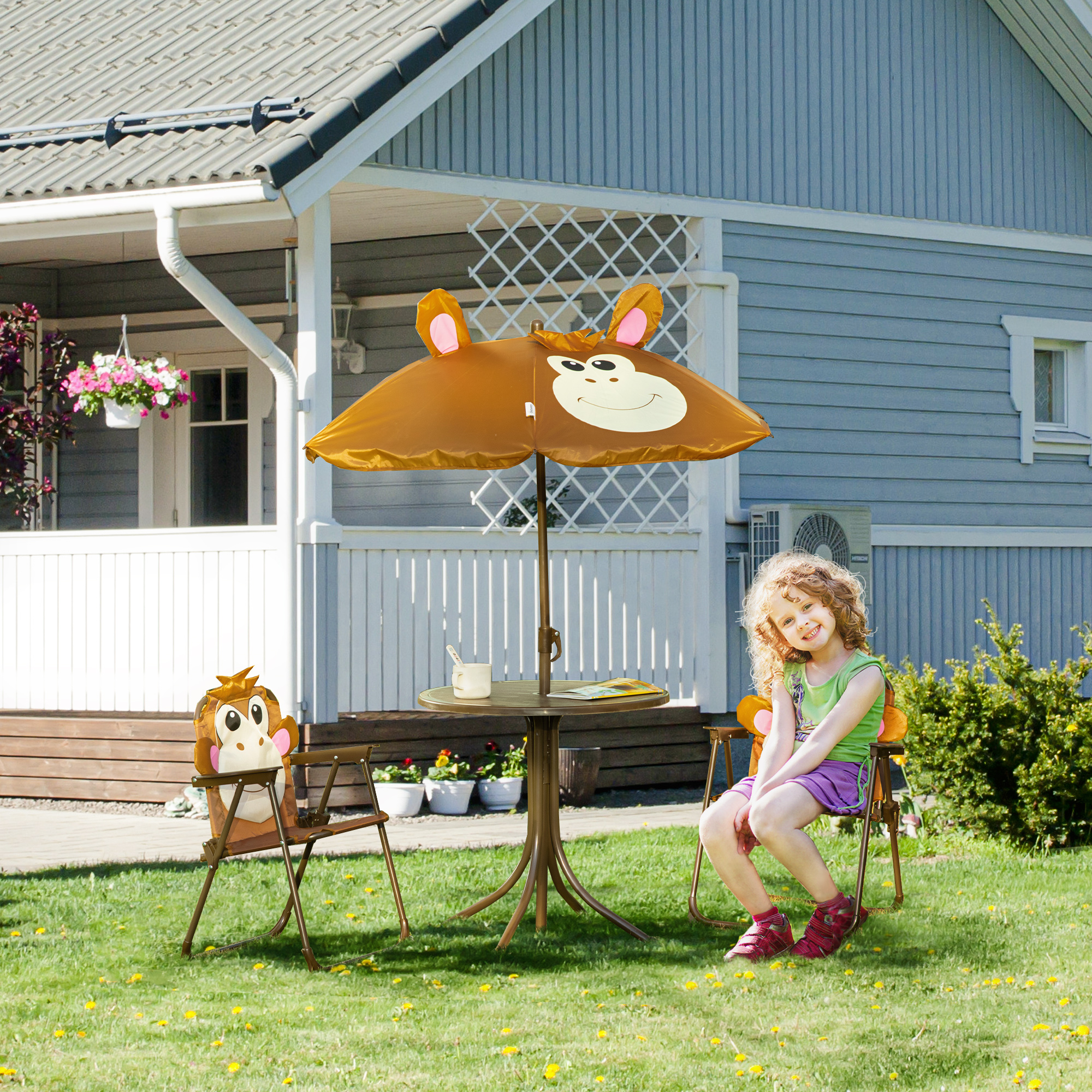 Outsunny Kids Bistro Table and Chair Set, Outdoor Folding Garden Furniture w/Monkey Design, Removable, Adjustable Sun Umbrella, Ages 3-6 Years Brown 2
