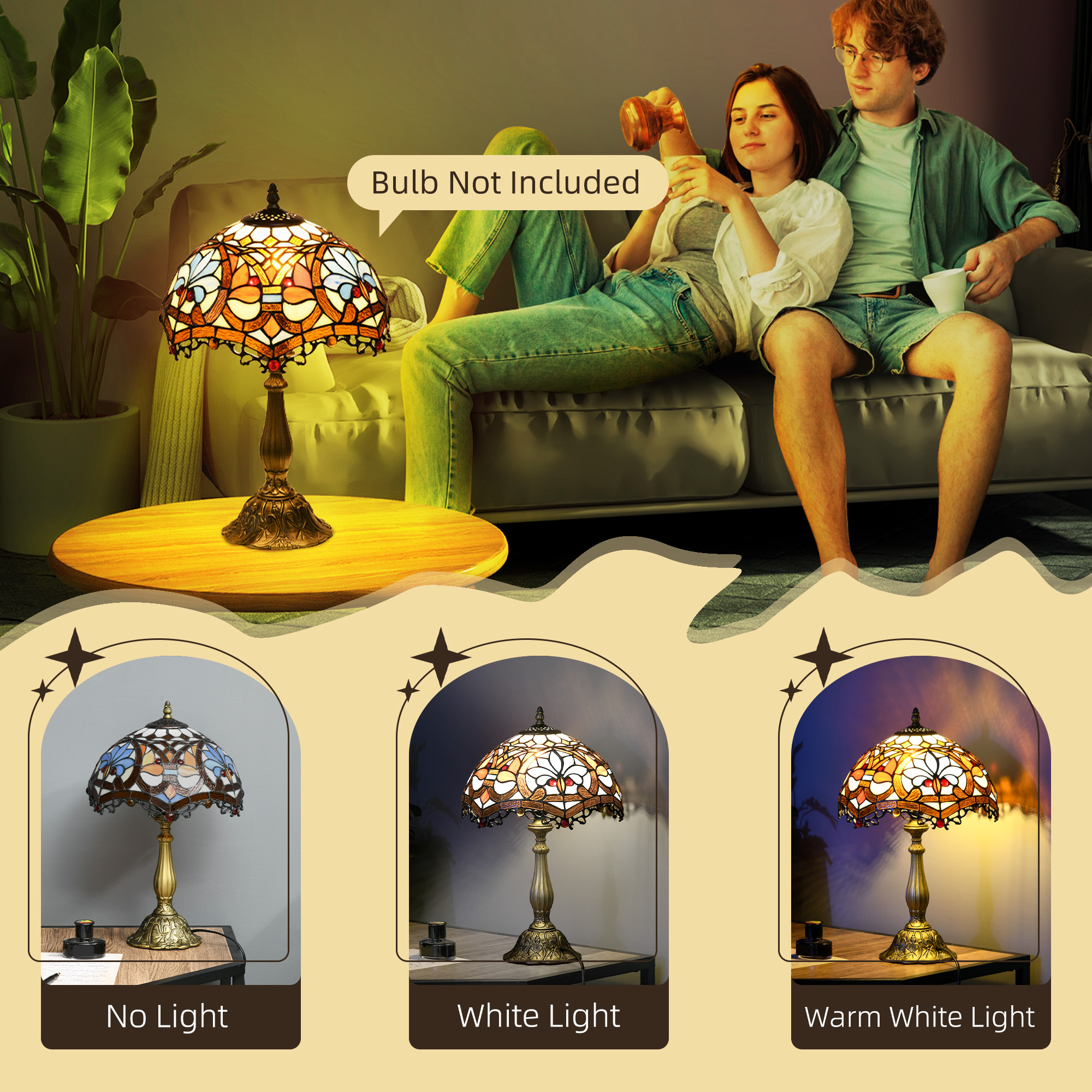 HOMCOM Stained Glass Table Lamp, Handcrafted Artisan Collectible, Suitable for Living Room and Bedside, Multi-Coloured, Ф30 x 48Hcm, Zinc Alloy. 5