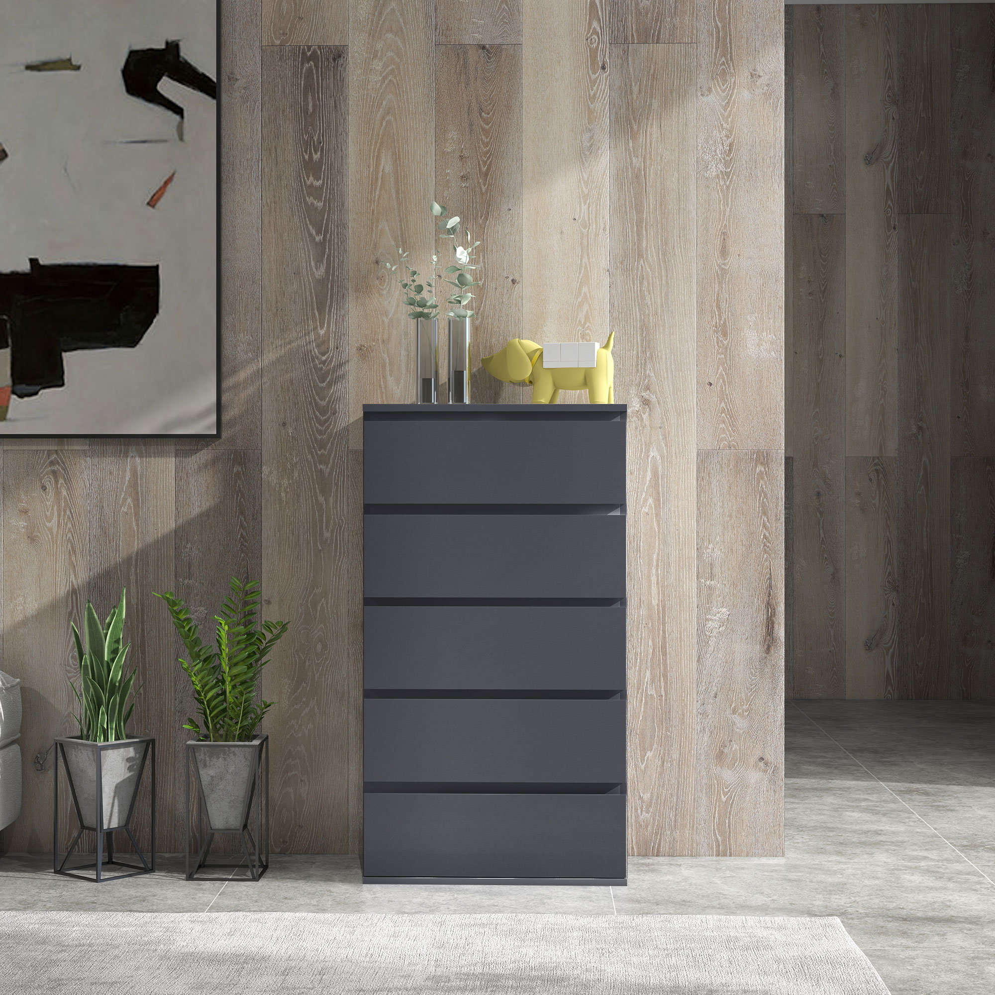 HOMCOM 5-Drawer Modern Dresser, High Gloss Storage Drawer Unit for Bedroom, Grey 7