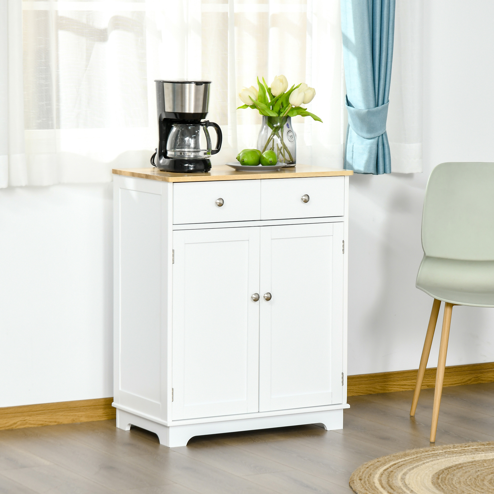 HOMCOM Kitchen Floor Cabinet Side Storage Cupboard Multi-use Sideboard Table with Solid Wood Top, Adjustable Shelf,Drawer for Dining Room, Living Room,Hallway 2