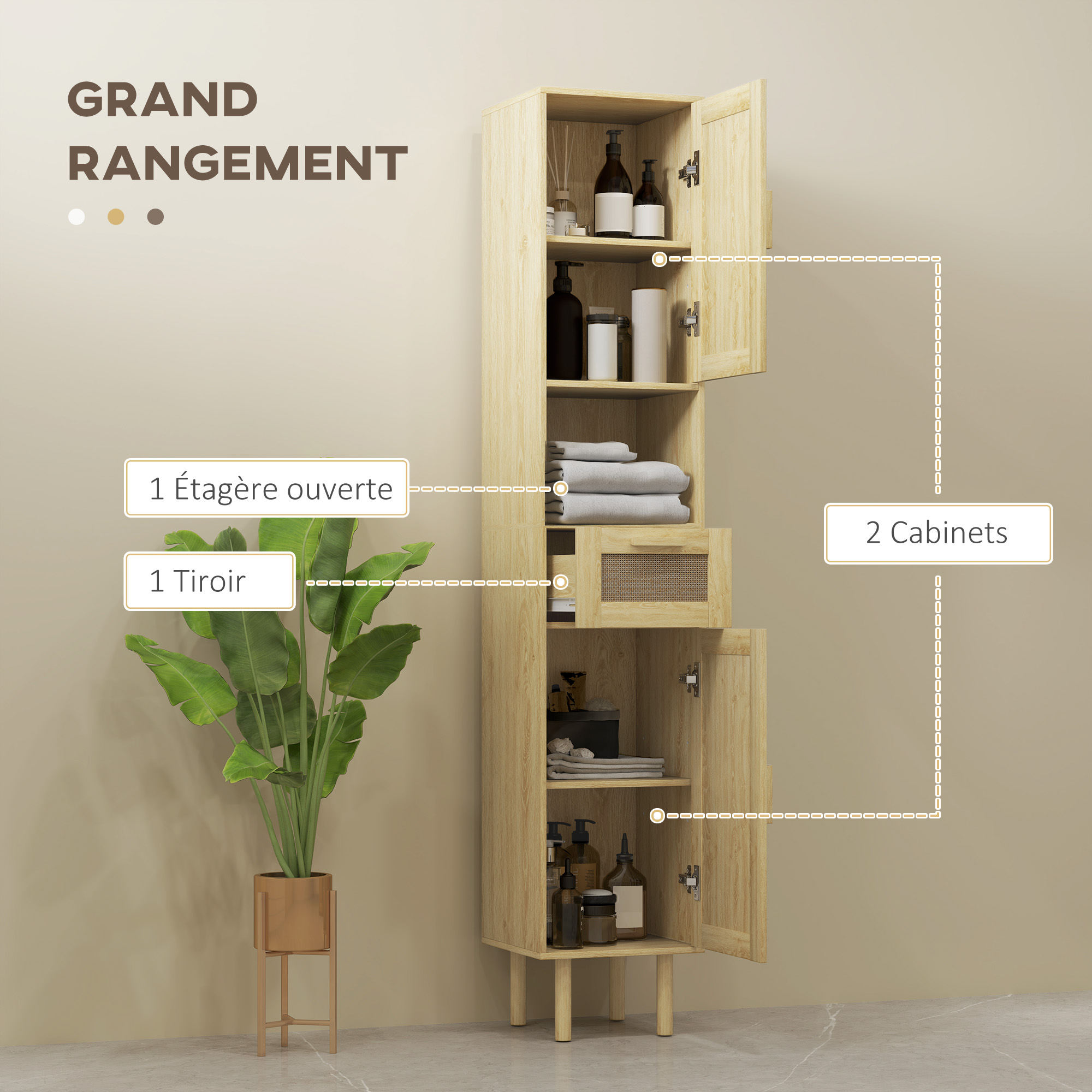 Meuble Salle De Bain HOMCOM Style Bohème 55x30x82 Cm Chêne - Tiroirs, Placard Et Rotin