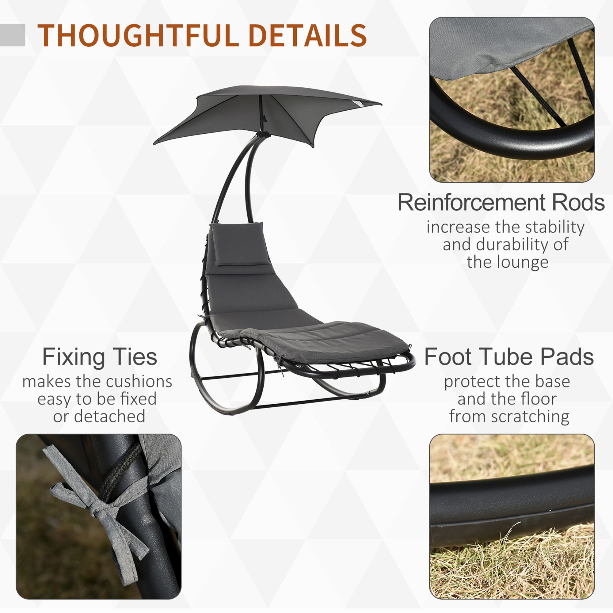 Outsunny Patio Rocking Chaise Lounge Rocking Bed with Canopy Cushion Headrest Pillow 7