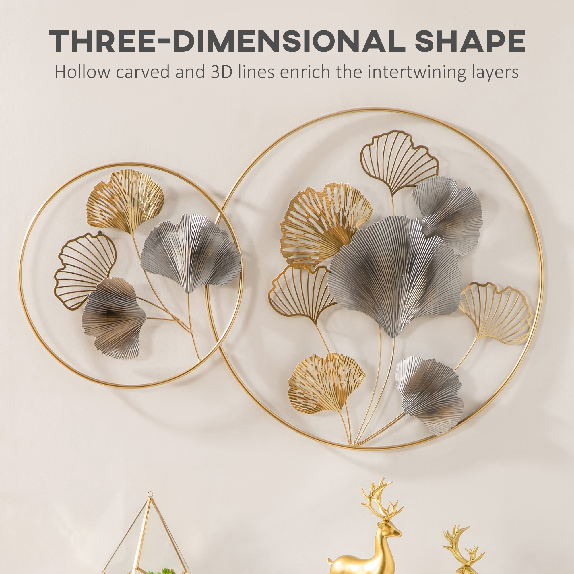 HOMCOM 3D Metal Wall Art Modern Ginkgo Leaves Hanging Wall Sculptures Home Decor for Living Room Bedroom Dining Room, Gold 4