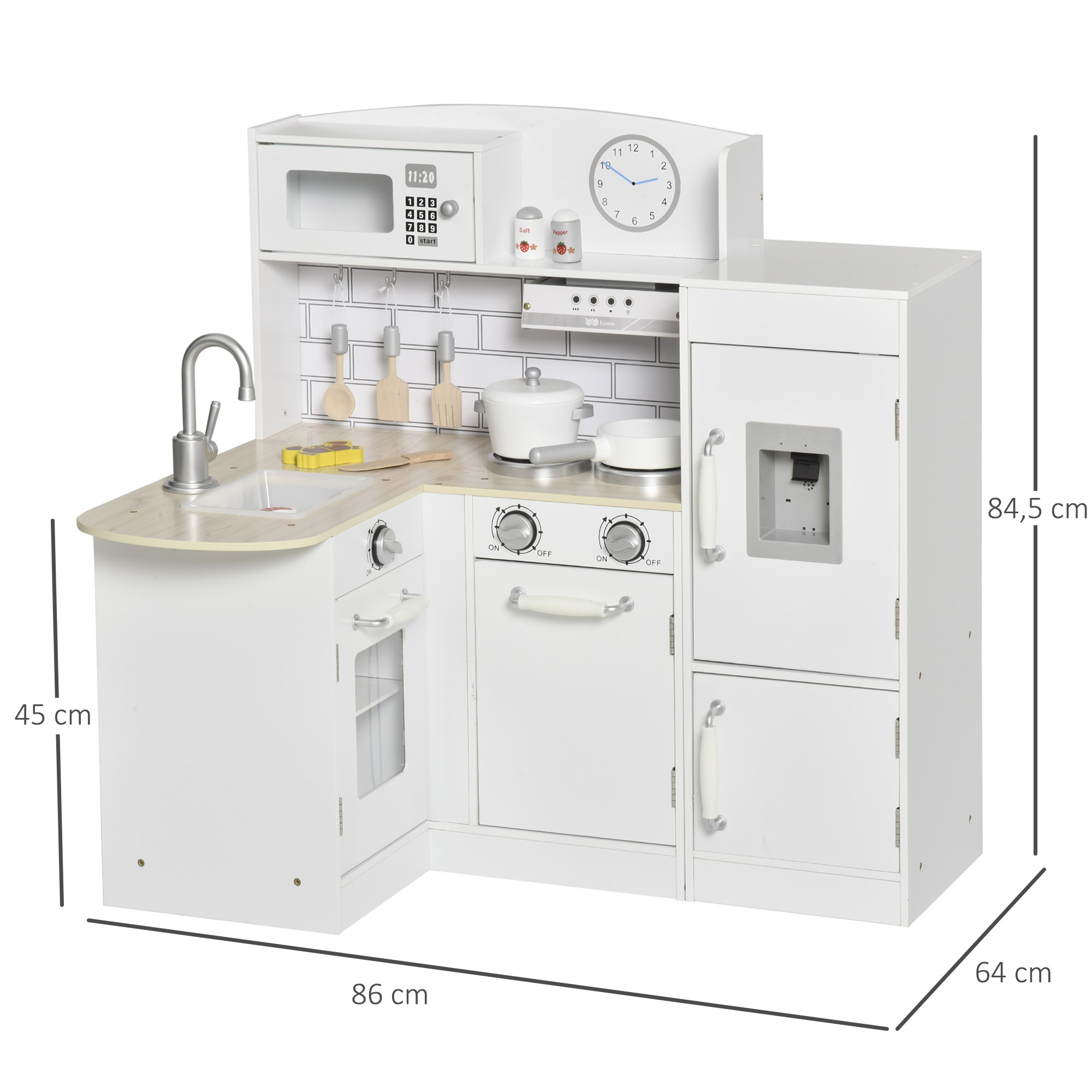 Cuisine Enfant HOMCOM – Bois MDF Et Pin – Bicolore Blanc/Chêne Clair – Évier, Four, Micro-ondes, Frigo – Accessoires Inclus – Dès 3 Ans