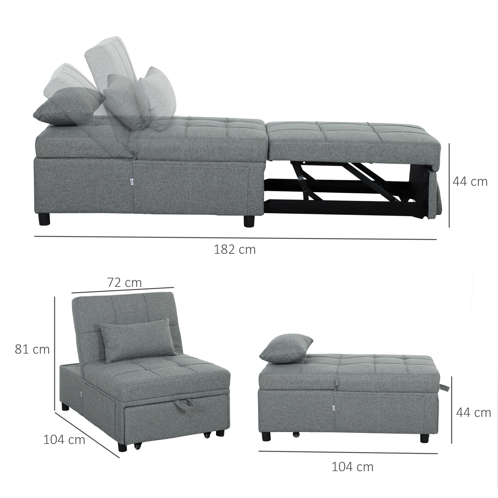 HOMCOM Four-In-One Single Sleeper Chair Dark Grey 3