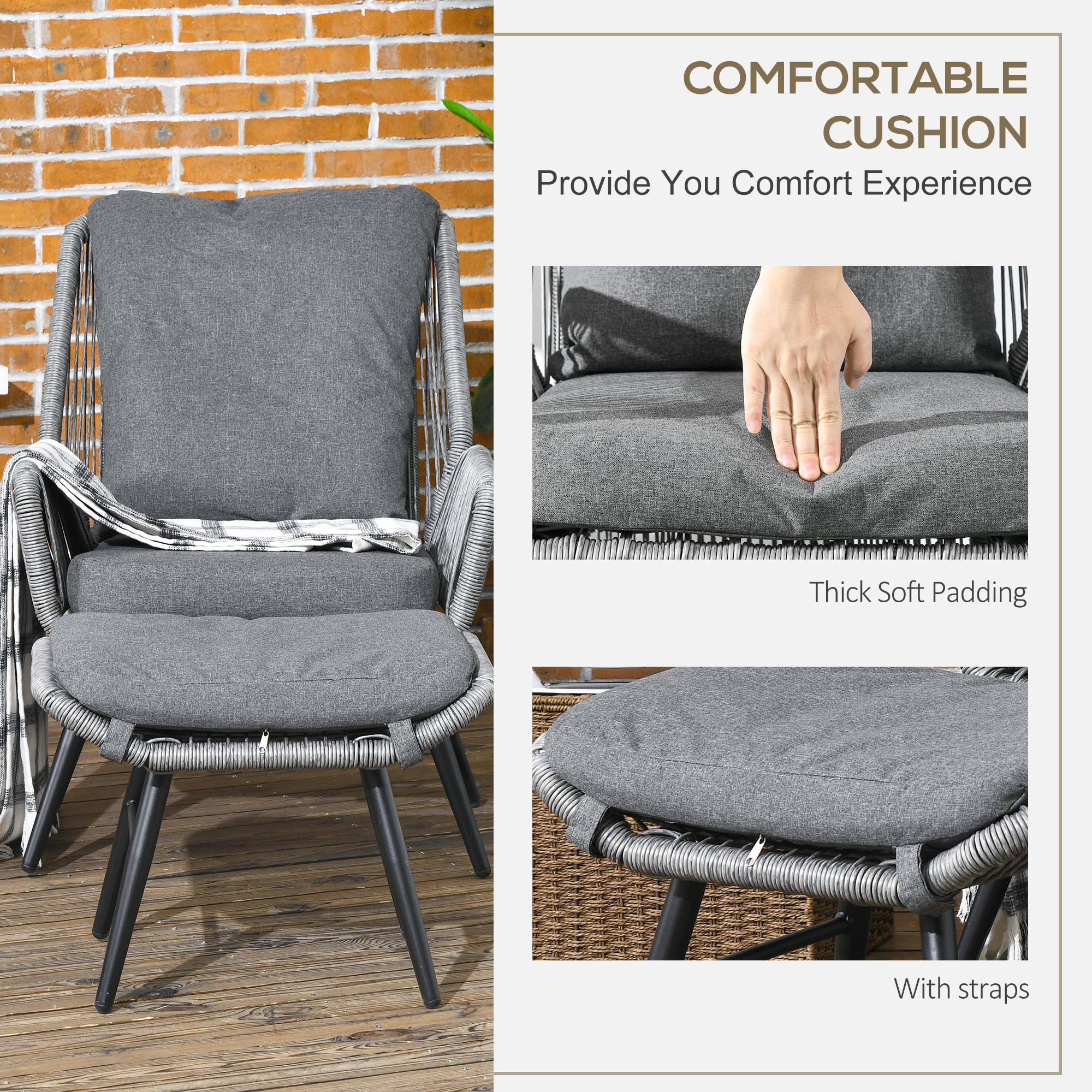 Outsunny String Rattan Armchair and Footstool Set, with Cushions Grey 5
