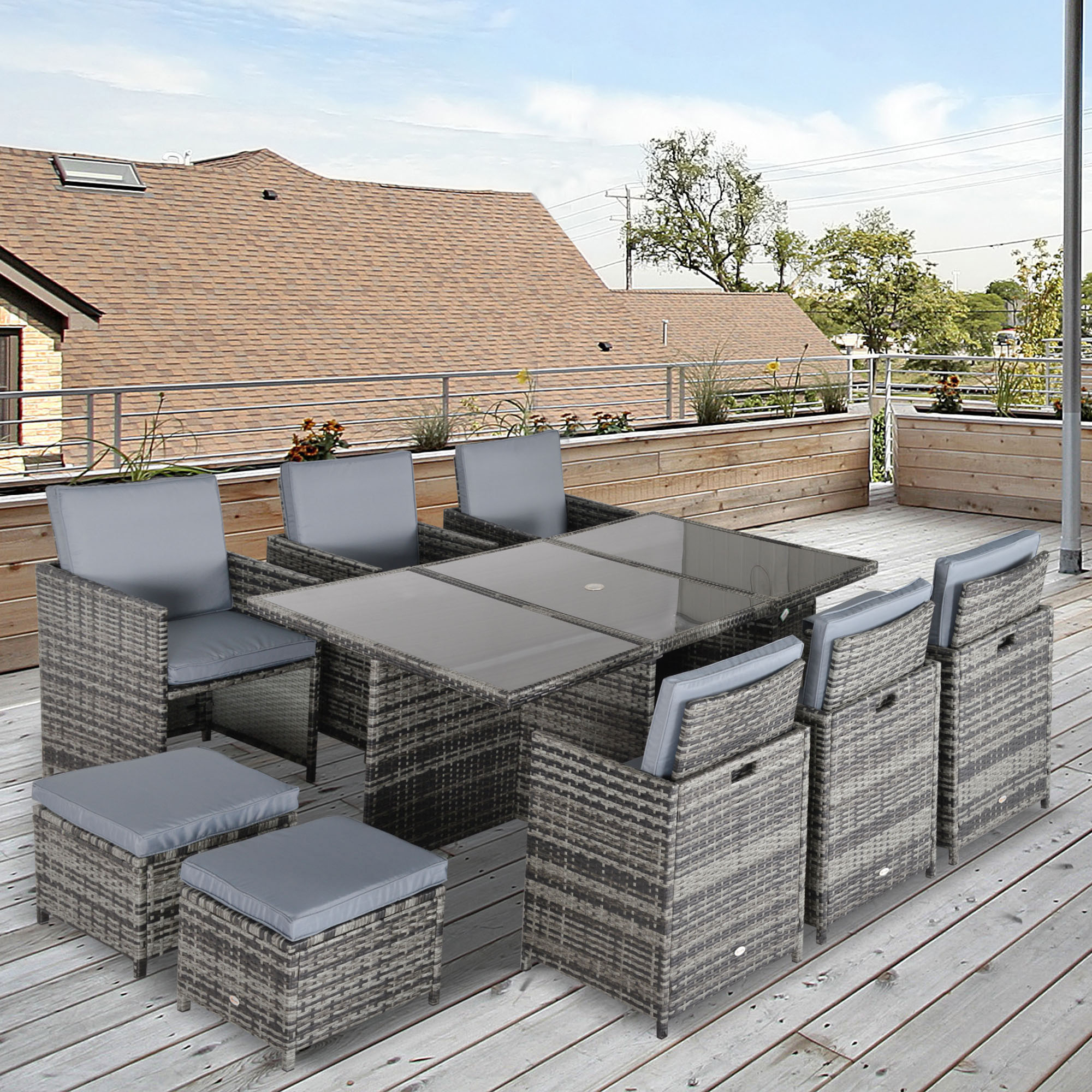Outsunny 10 Seater Rattan Cube Garden Furniture Set with Parasol Hole, Rattan Dining Set with Cushions, Outdoor Dining Table and Chairs with Rectangular Glass Top Table for Patio, Mixed Grey 2