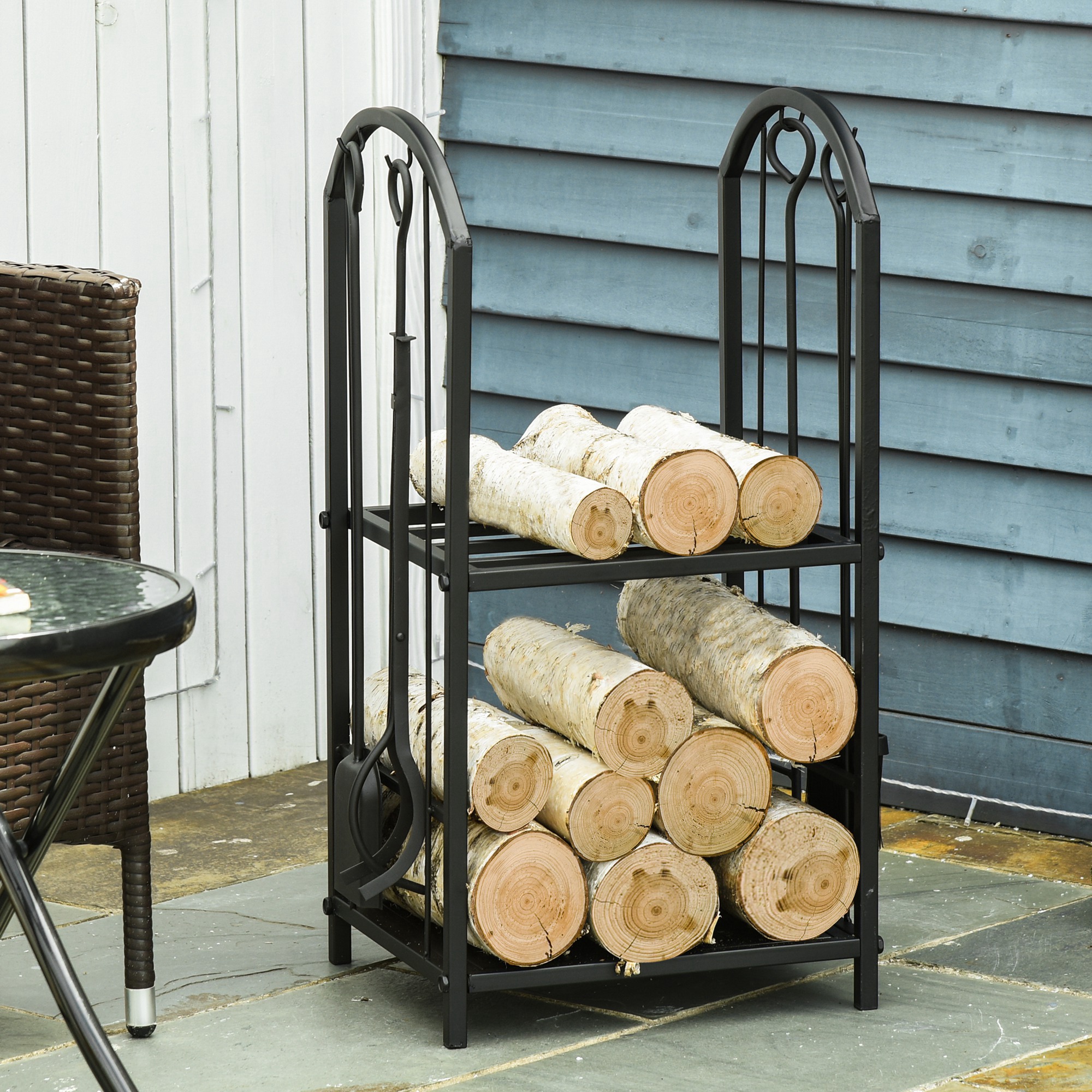 Outsunny Range Bûches Porte-Bûches Métal Noir - Charge Max 60kg - 60.5L X 36L X 46.5H Cm