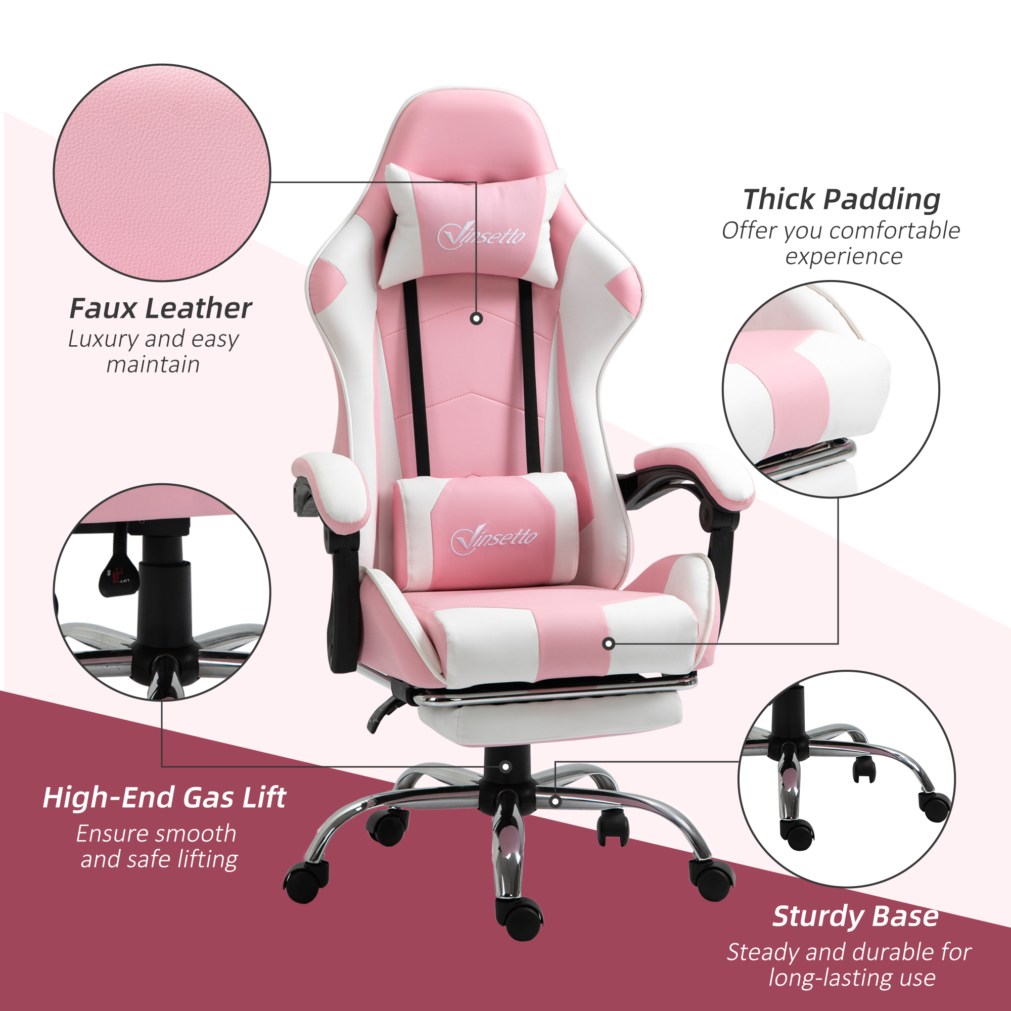 Vinsetto Ergonomic Gaming Chair, PU Leather Reclining Computer Chair with Footrest and Lumbar Support, Headrest and Adjustable Height for Adults, Pink 7