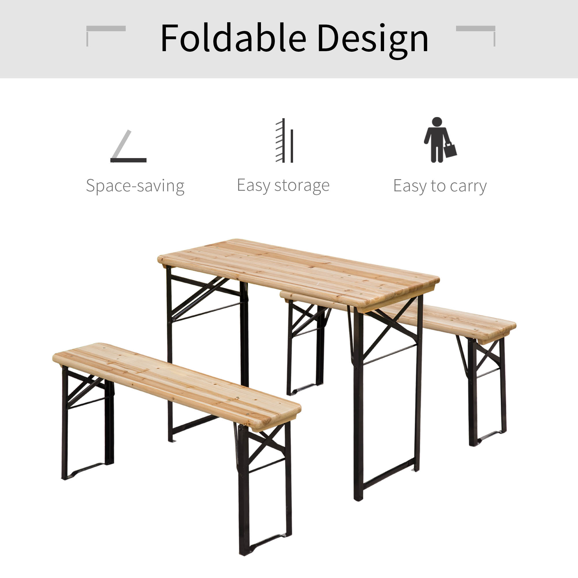 Outsunny Portable Folding Camping Picnic Table and Bench Set Garden BBQ Chairs Stools Trestle Wooden Wood (120cm(L) x 25cm(W) x 46cm(H)) 6
