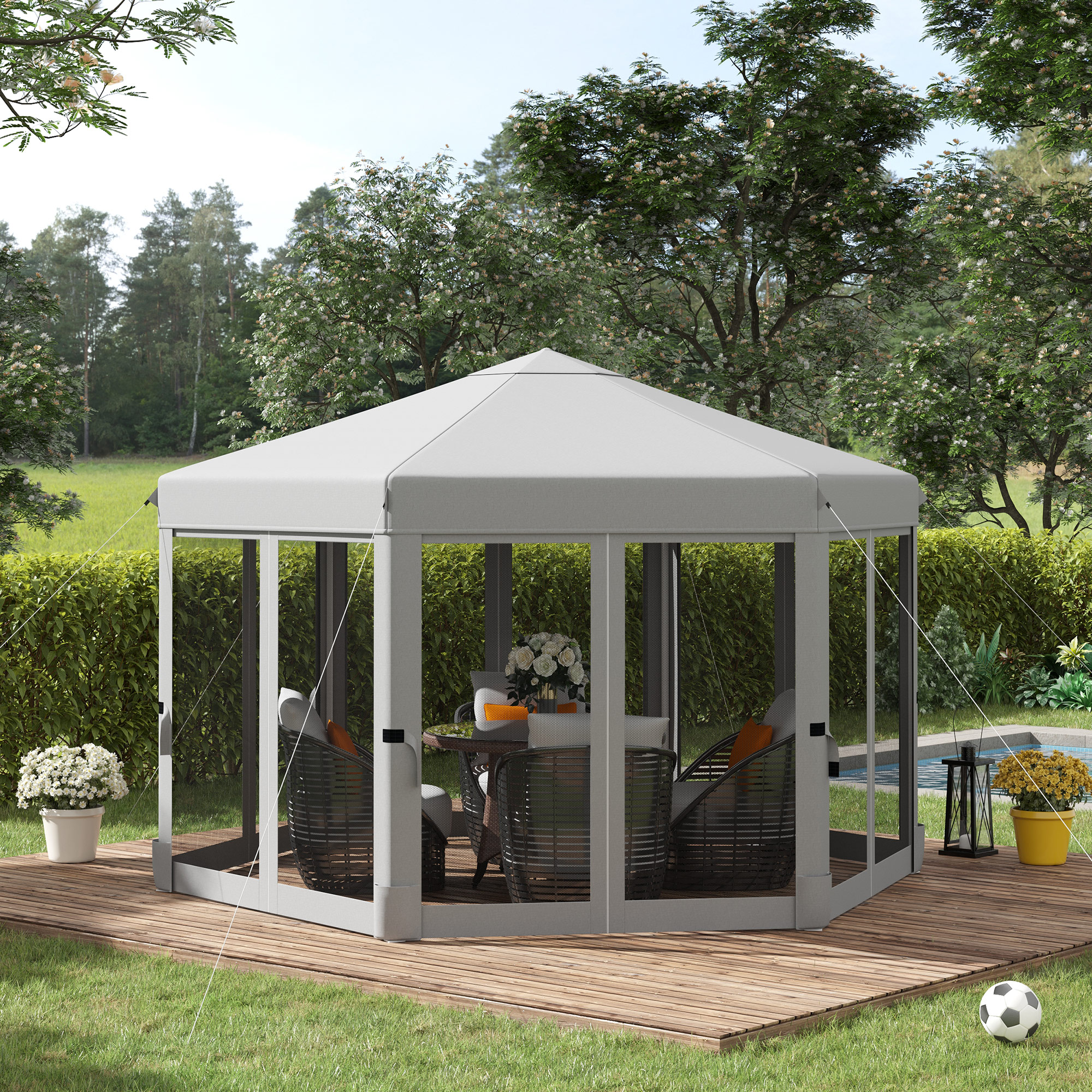 Outsunny 3.2m Pop Up Gazebo Hexagonal Canopy Tent Outdoor Sun Protection with Mesh Sidewalls, Handy Bag, Light Grey 2