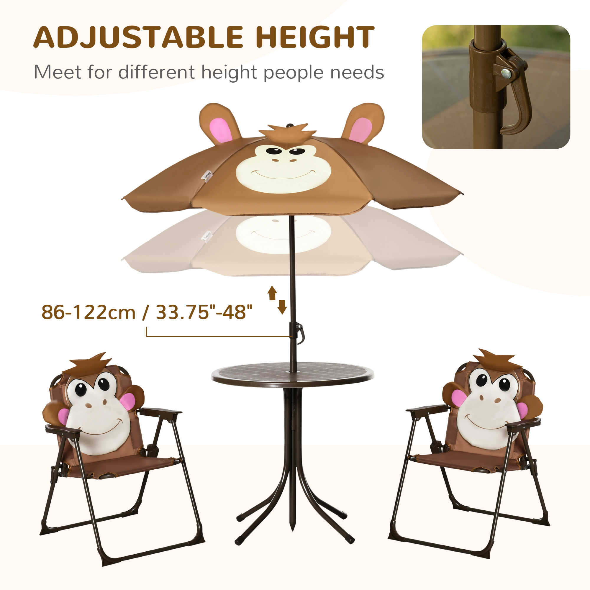Outsunny Kids Bistro Table and Chair Set, Outdoor Folding Garden Furniture w/Monkey Design, Removable, Adjustable Sun Umbrella, Ages 3-6 Years Brown 5