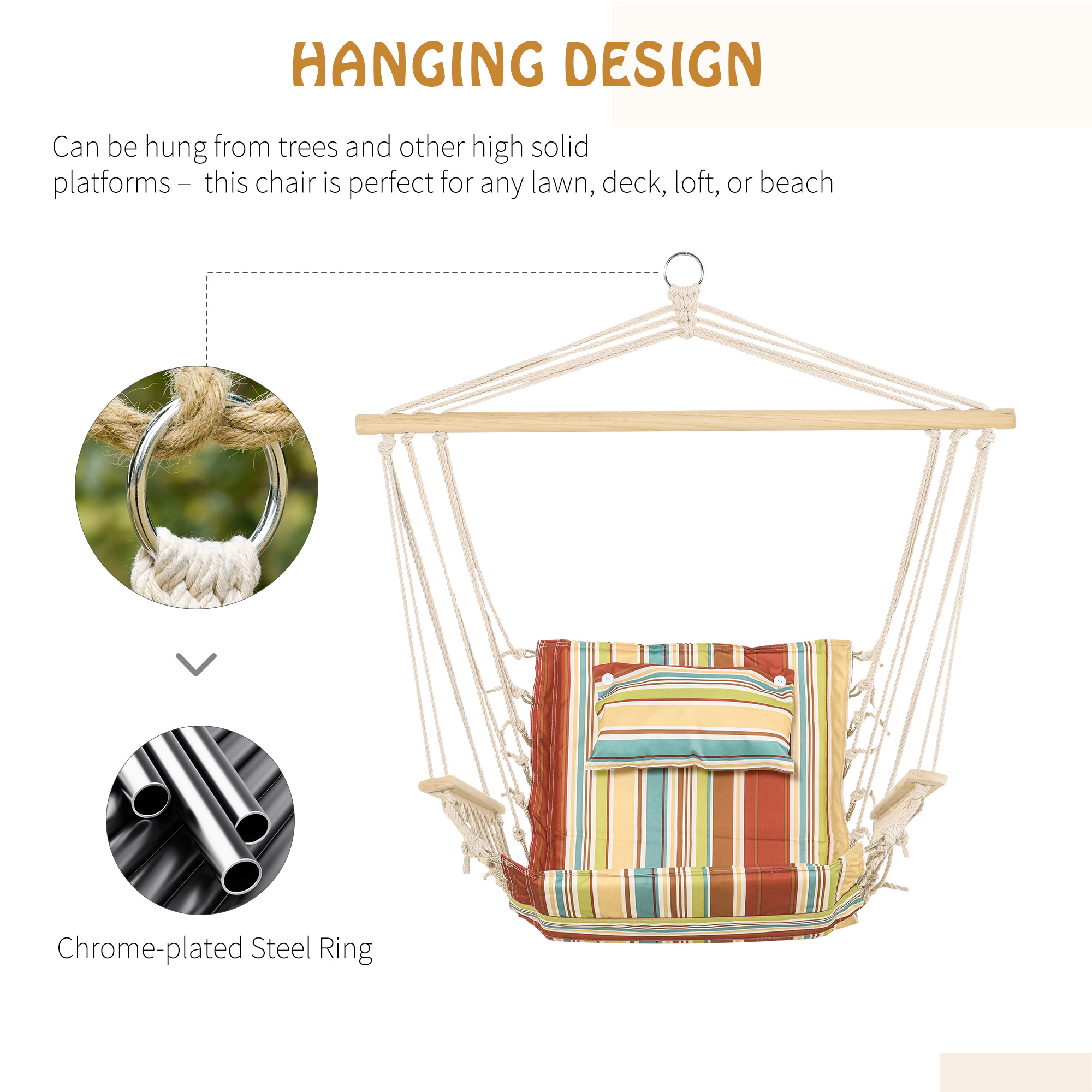 Outsunny Hanging Hammock Chair Swing Chair Thick Rope Frame Safe Wide Seat Indoor Outdoor Home, Patio, Yard, Garde Spot Stylish Multi-Color Stripe 6