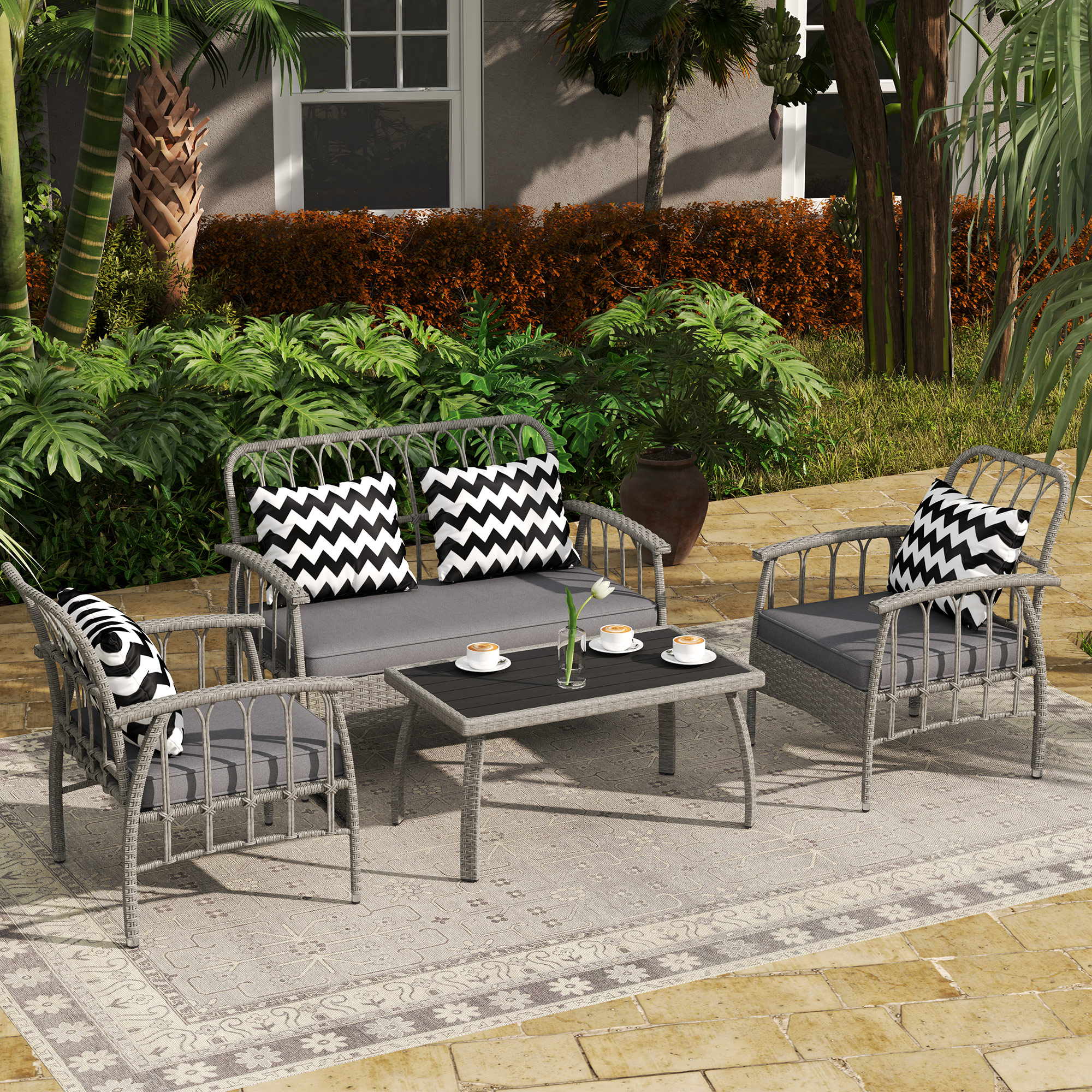 Outsunny Four-Piece Rattan Cut-Out Sofa Set Grey 2