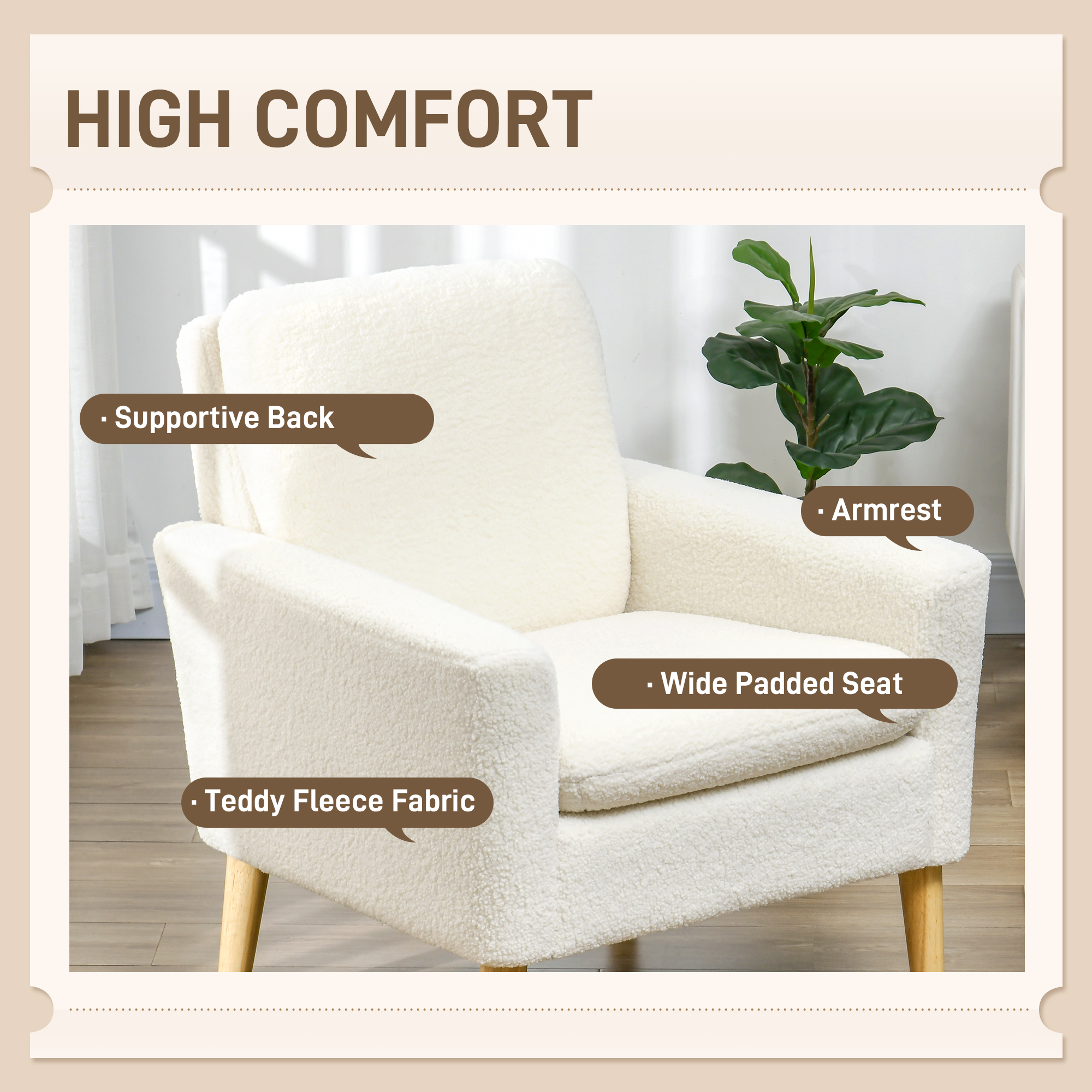 HOMCOM Armchair, Upholstered Accent Chair with Wood Legs and Wide Padded Seat, Teddy Occasional Chair, Cream White 4