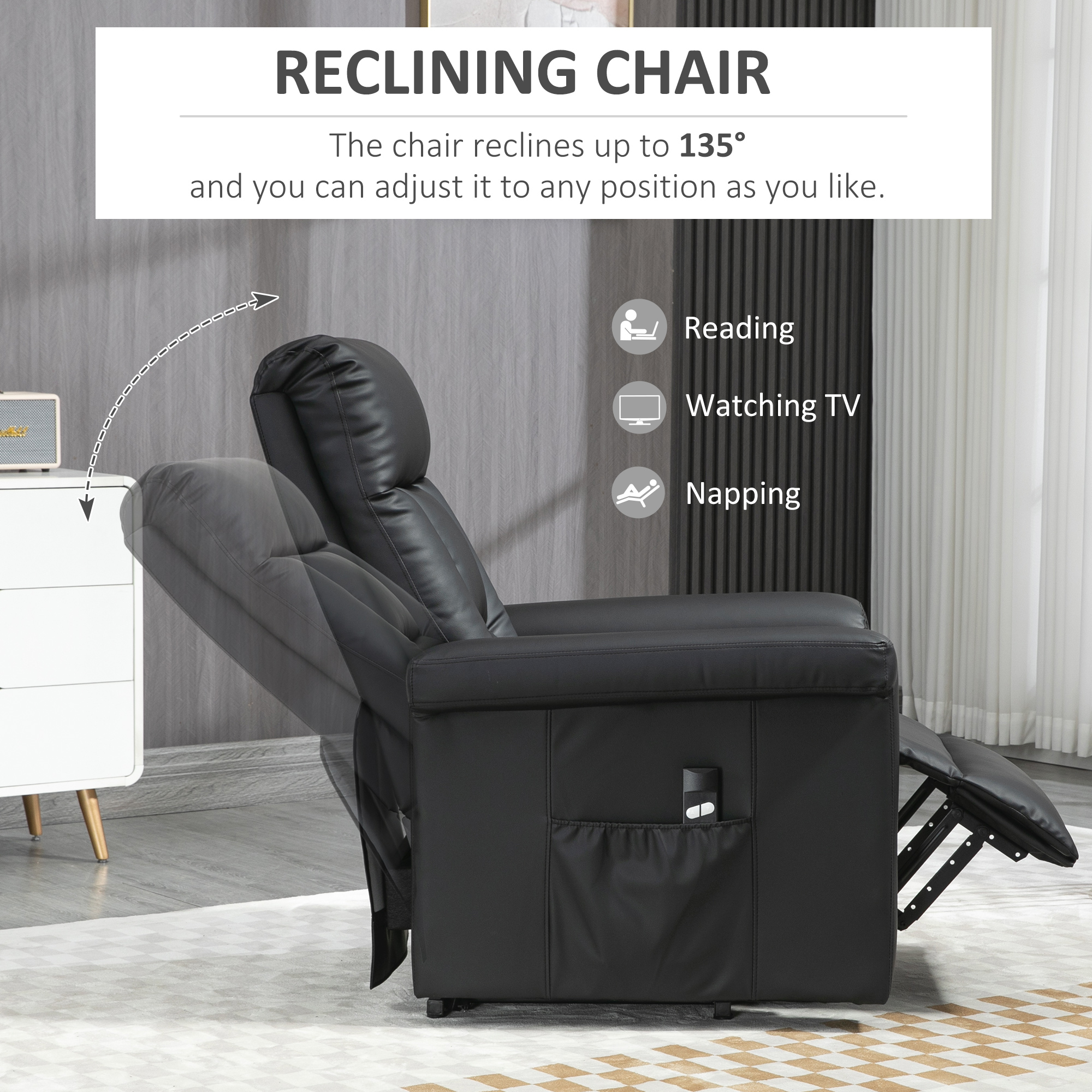 HOMCOM Power Lift Chair Armchair for the Elderly, PU Leather Recliner Chair with Extended Footrest, Remote Control and Side Pocket, Black 5