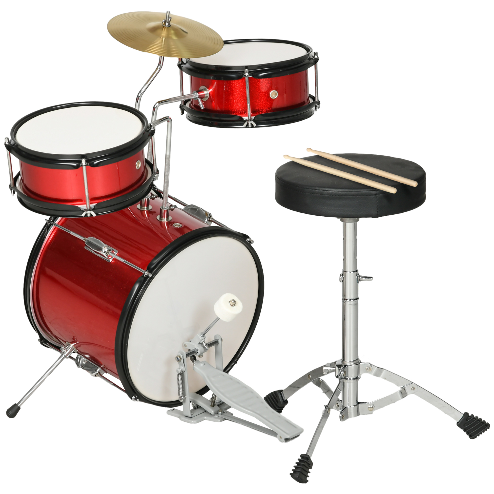 AIYAPLAY Batería para Niños de +3 Años con Taburete Ajustable Tambores Bombo Platillo Pedal y Baquetas 80x60x48-65 cm Rojo