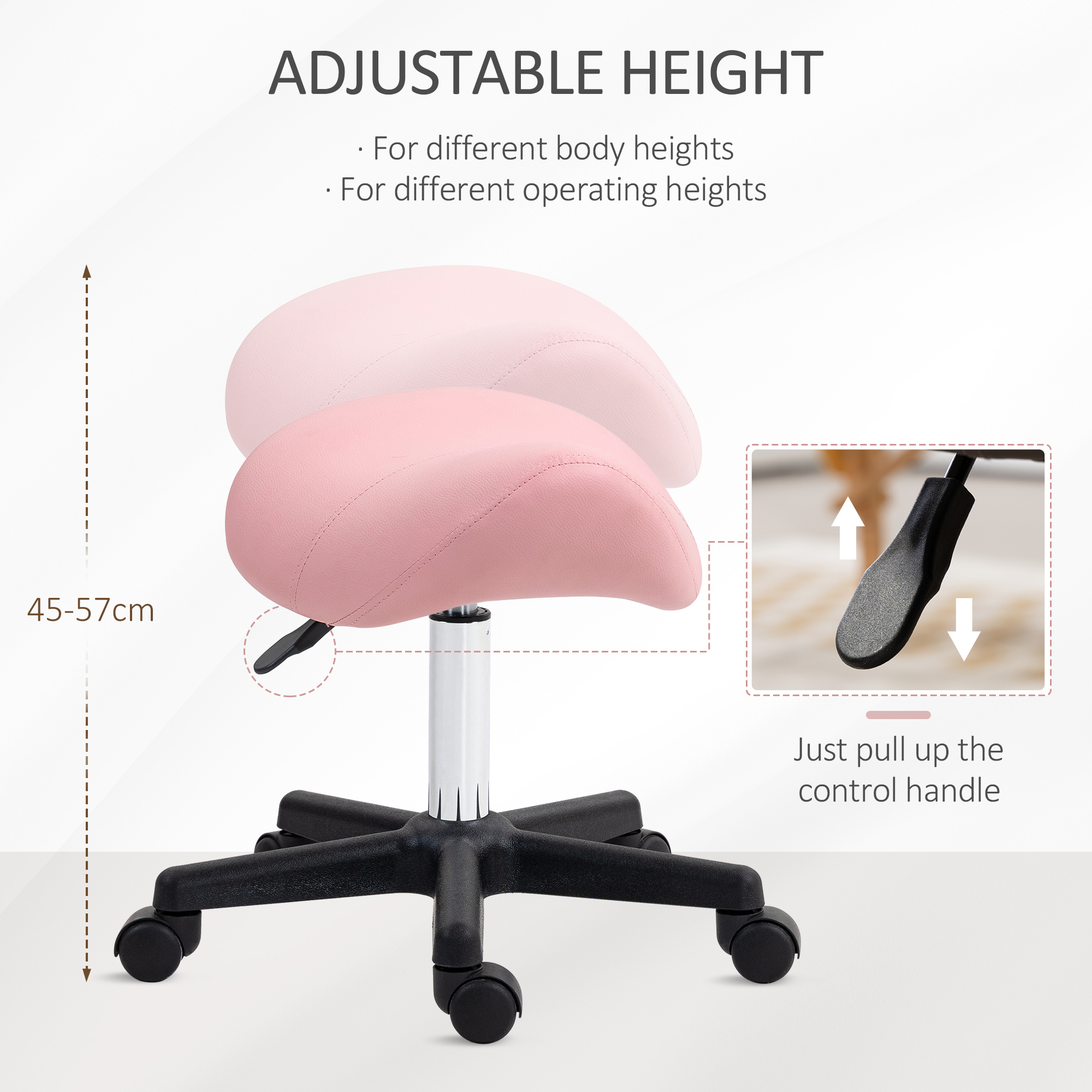 HOMCOM Saddle Stool, PU Leather Adjustable Rolling Salon Chair with Steel Frame for Massage, Spa, Beauty and Tattoo, Pink 4