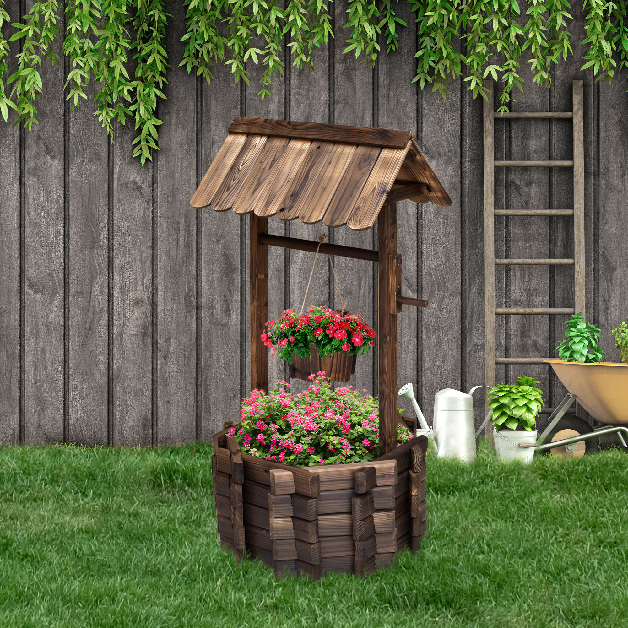 Outsunny Wooden Wishing Well Planter Outdoor Flower Pot Backyard Garden Decor w/ Bucket 2