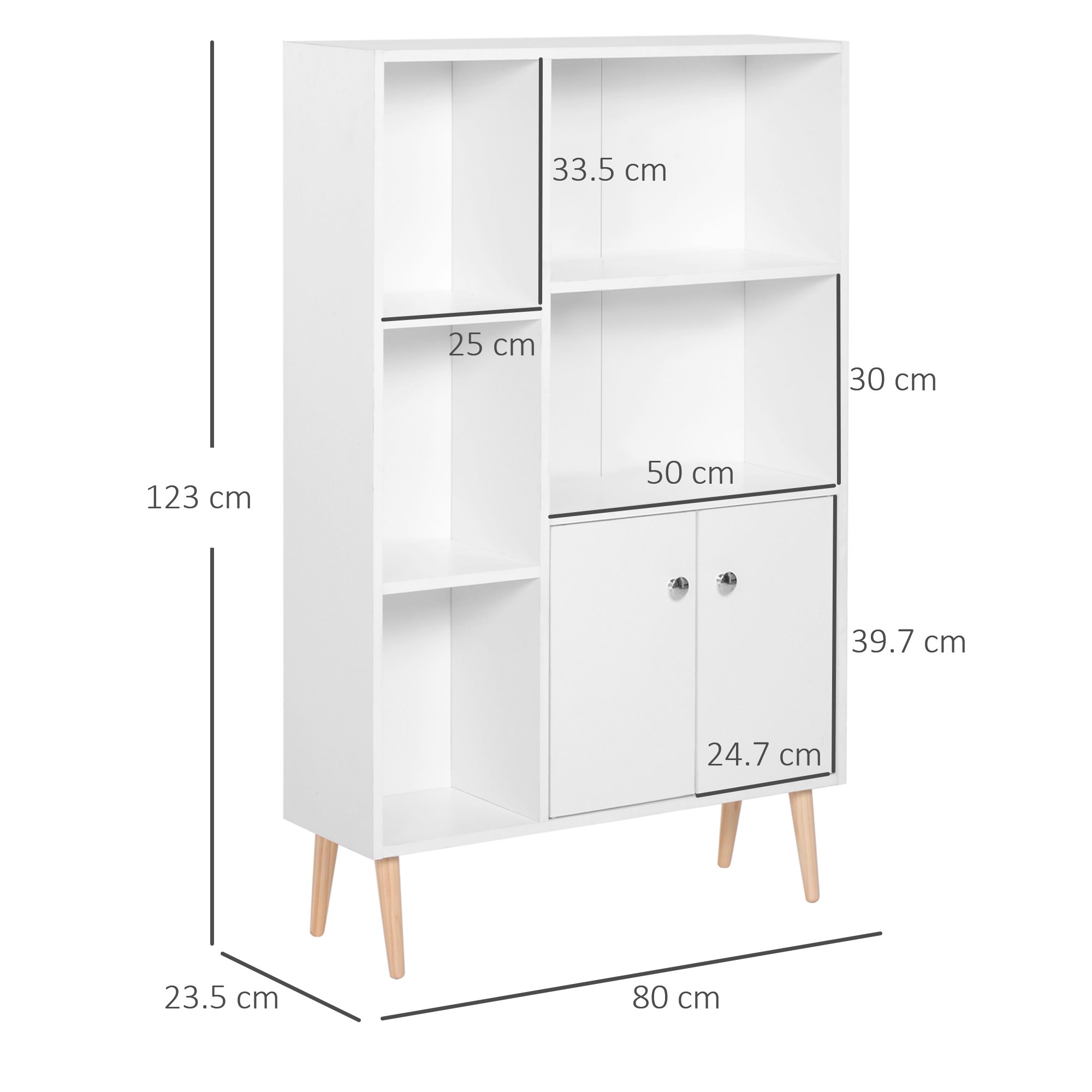 HOMCOM Sideboard Storage Cabinet Cupboard, Open Bookcase with 2 Doors 5 Compartments Wooden Modern Style for Living Room Bedroom Kitchen 80 x 23 x 123 cm, White 3