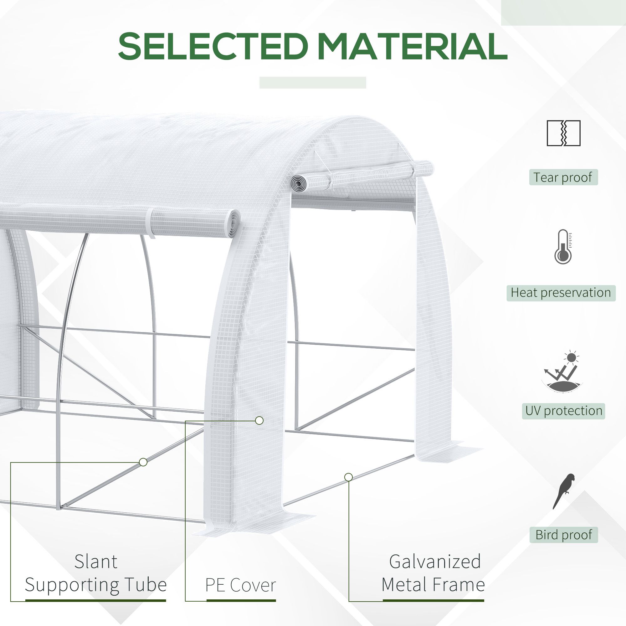 Outsunny 3 x 3 x 2 m Polytunnel Greenhouse with Roll-up Side Walls, Walk-in Grow House Tent with Steel Frame, Reinforced Cover, Zipped Door and 6 Mesh Windows for Garden, White 4