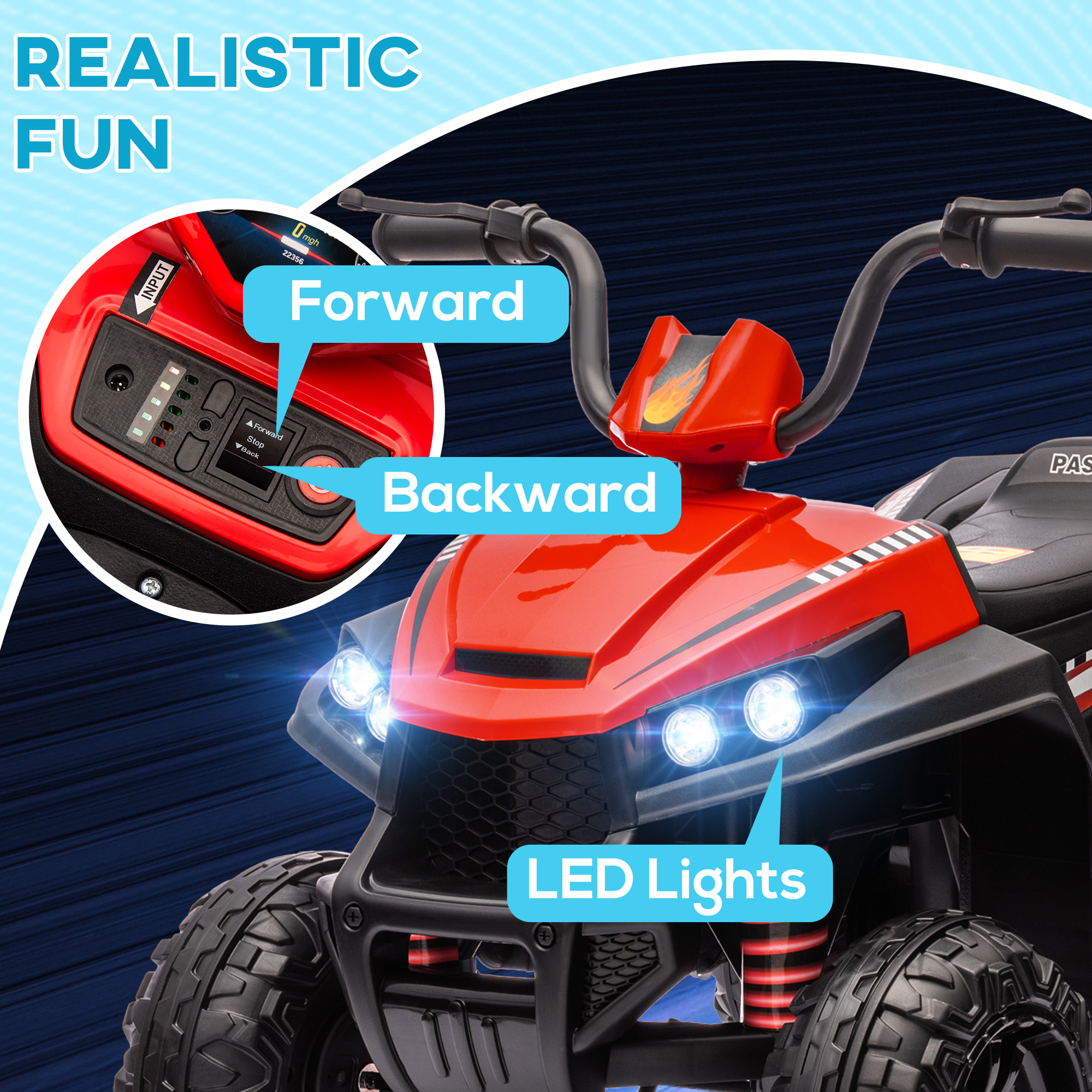 AIYAPLAY 12V Kids Electric Quad Bike w/ Spring Suspension System, Forward, Backward, LED Light, Music, MP3, Red 5