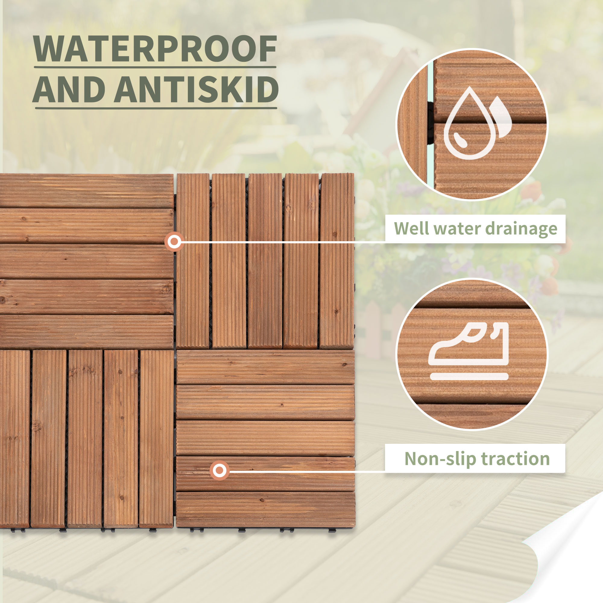 Outsunny 27 Pcs Solid Wood Interlocking Decking Tiles For Patio, Balcony, Roof Terrace, Hot Tub, Brown, (30 x 30 cm Per Piece) 7