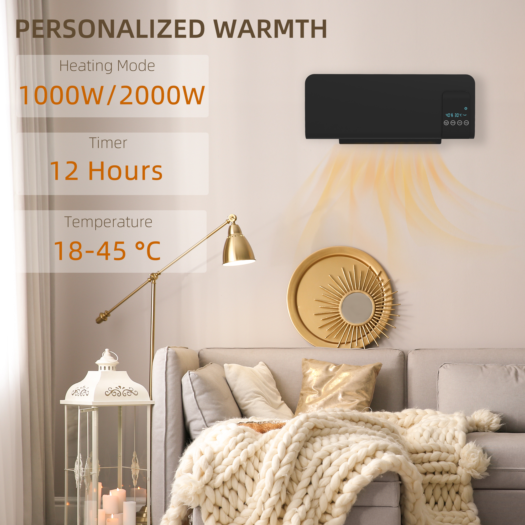 HOMCOM 2000W Wall Mounted Heater, 18-45°C Temperature, Black 4