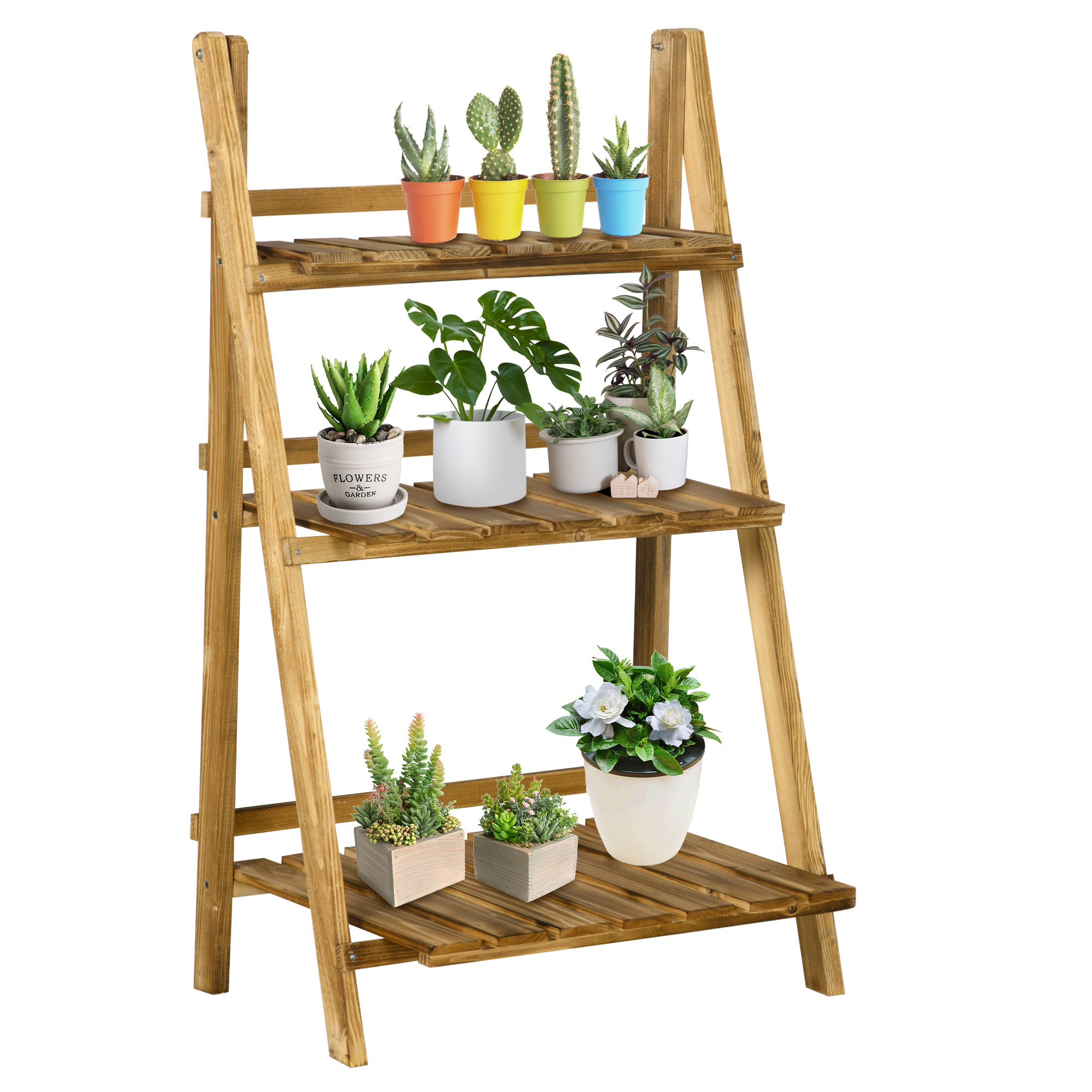 Outsunny Soporte para Plantas de 3 Niveles Estantería para Plantas Plegable Soporte para Macetas de Madera 60x37x93 cm Natural   Aosom España